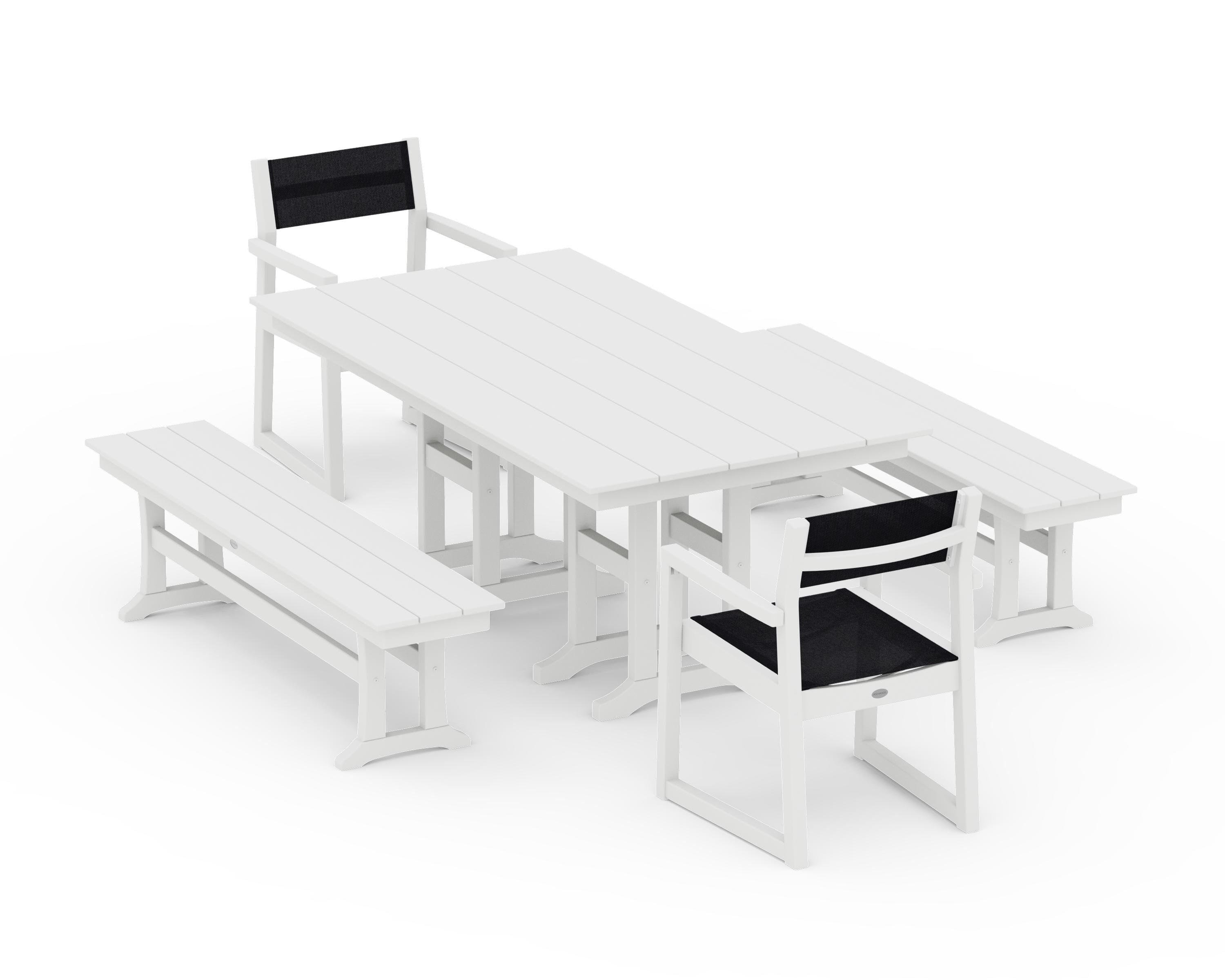 POLYWOOD EDGE Sling Arm Chair 5-Piece Farmhouse Dining Set with Benches in White / Black Sling