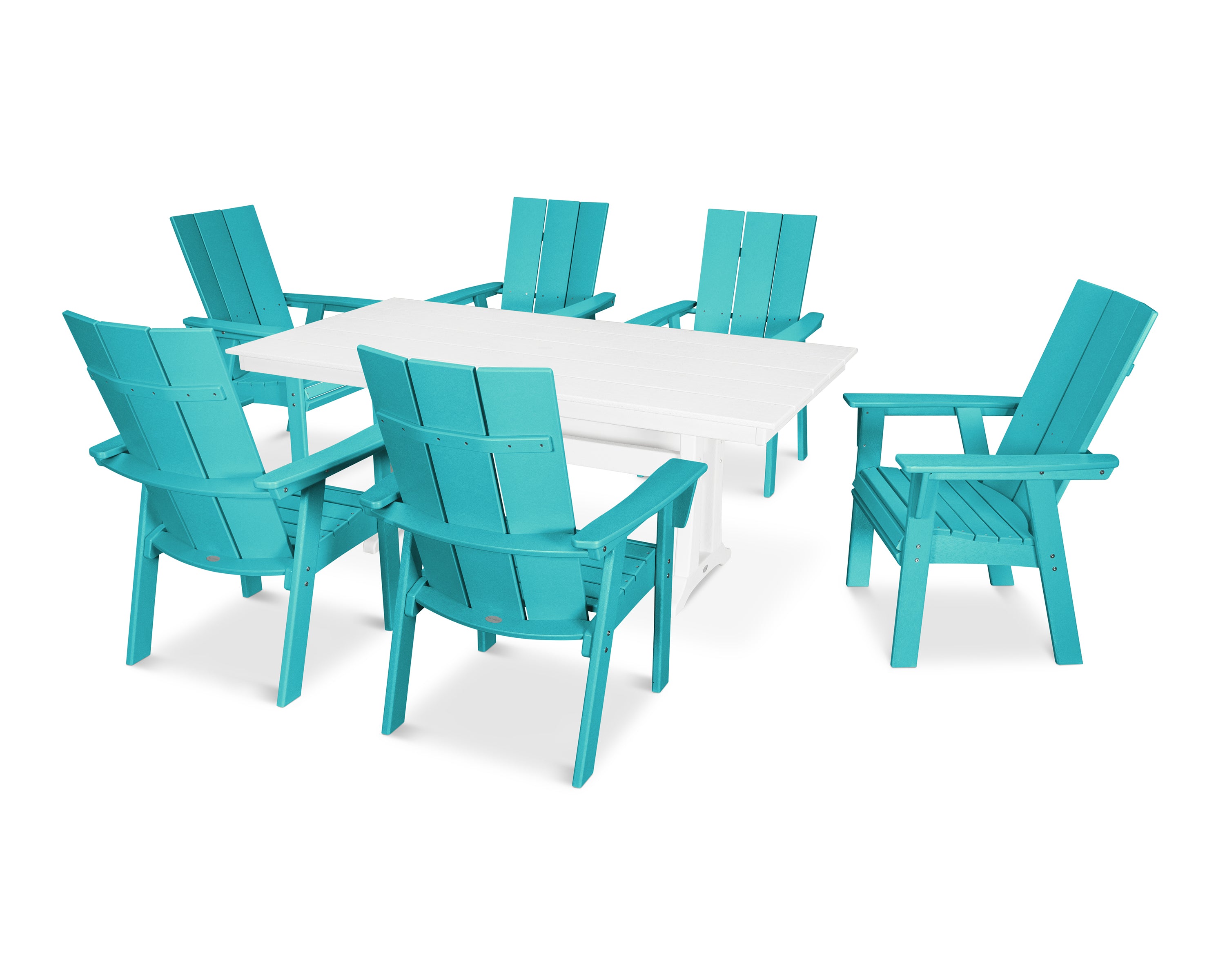 POLYWOOD® Modern Curveback Adirondack 7-Piece Farmhouse Dining Set with Trestle Legs in Aruba / White