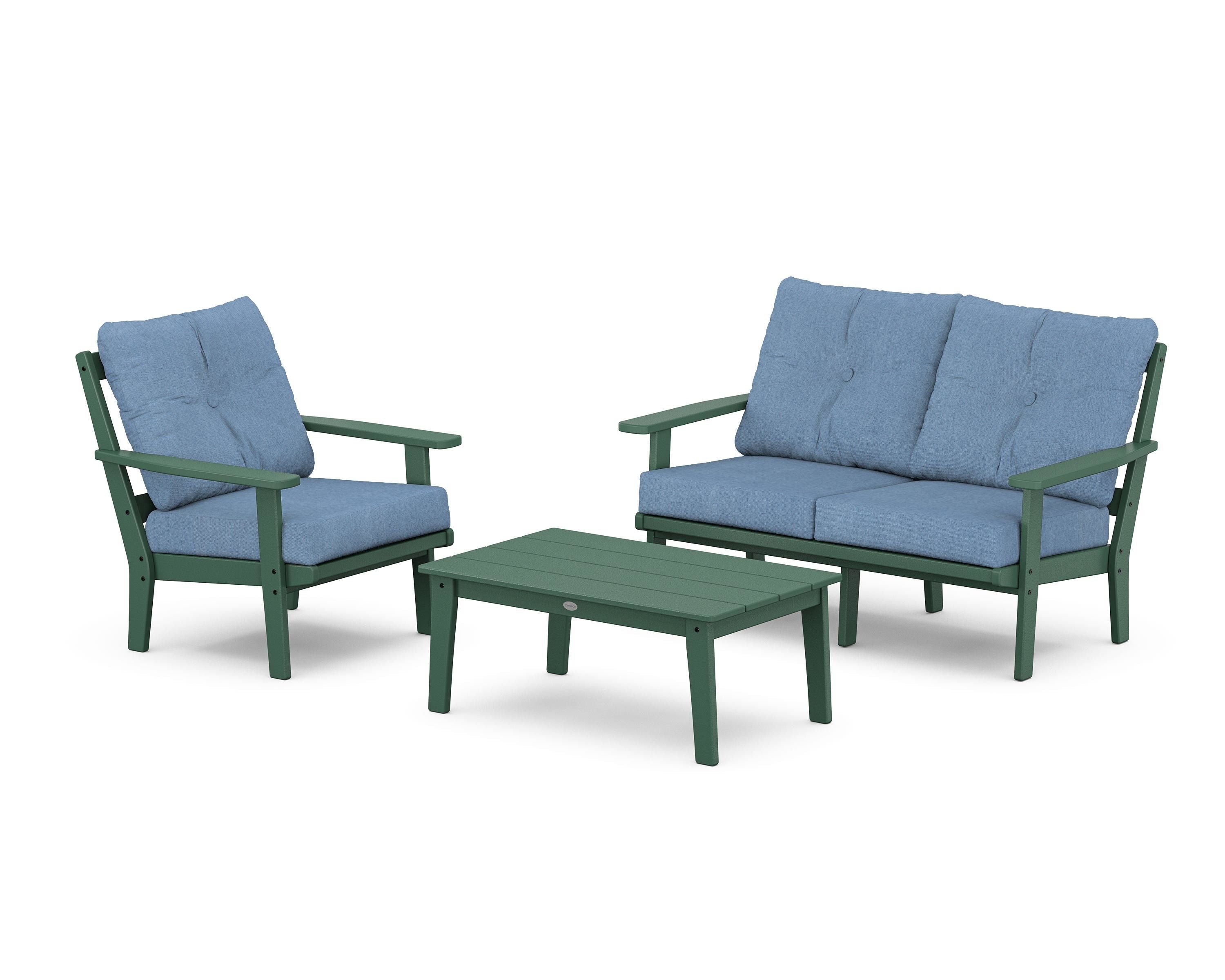 POLYWOOD Oxford 3-Piece Deep Seating Set with Loveseat in Green / Sky Blue
