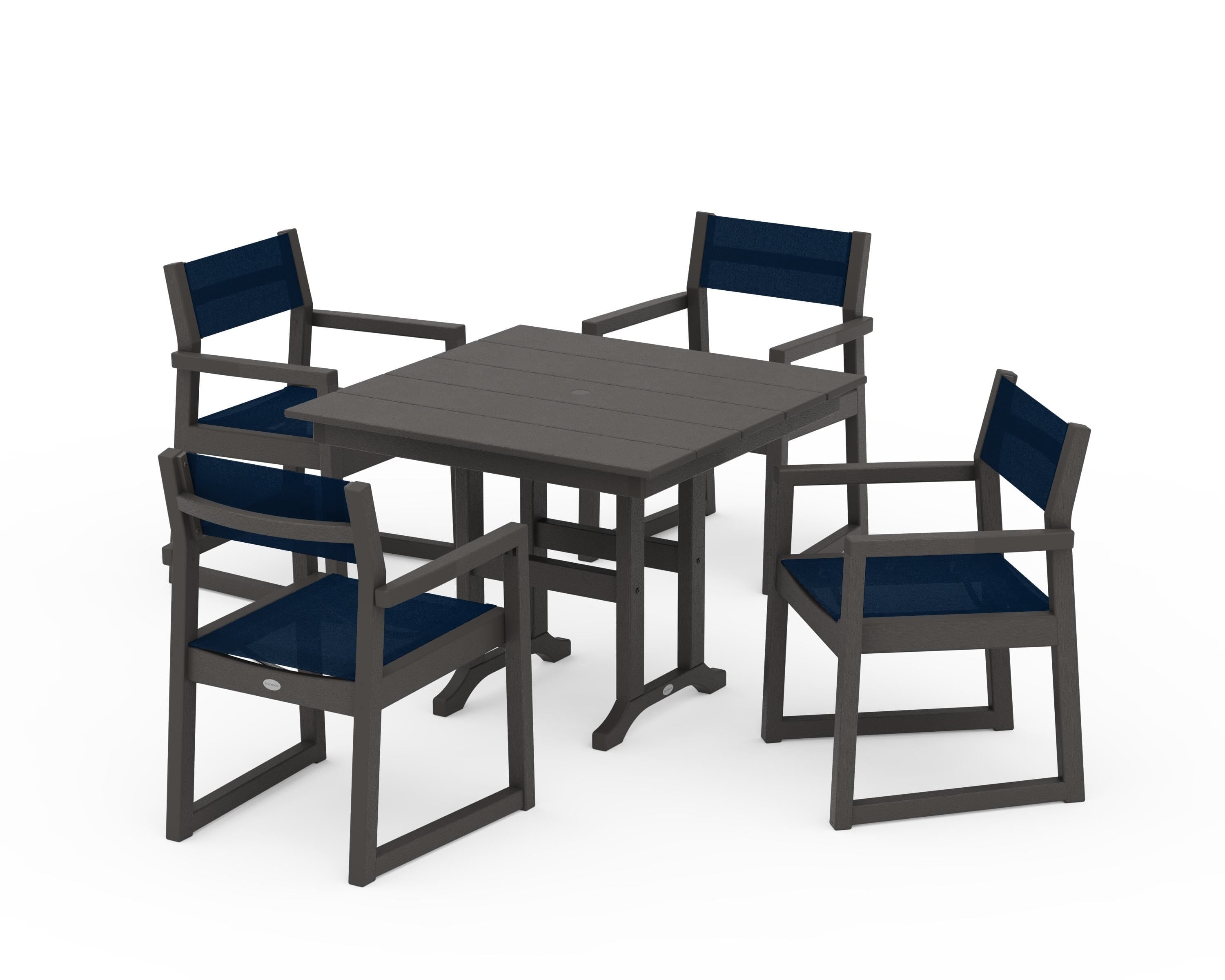 POLYWOOD EDGE Sling Arm Chair 5-Piece Farmhouse Dining Set in Vintage Coffee / Navy Blue Sling