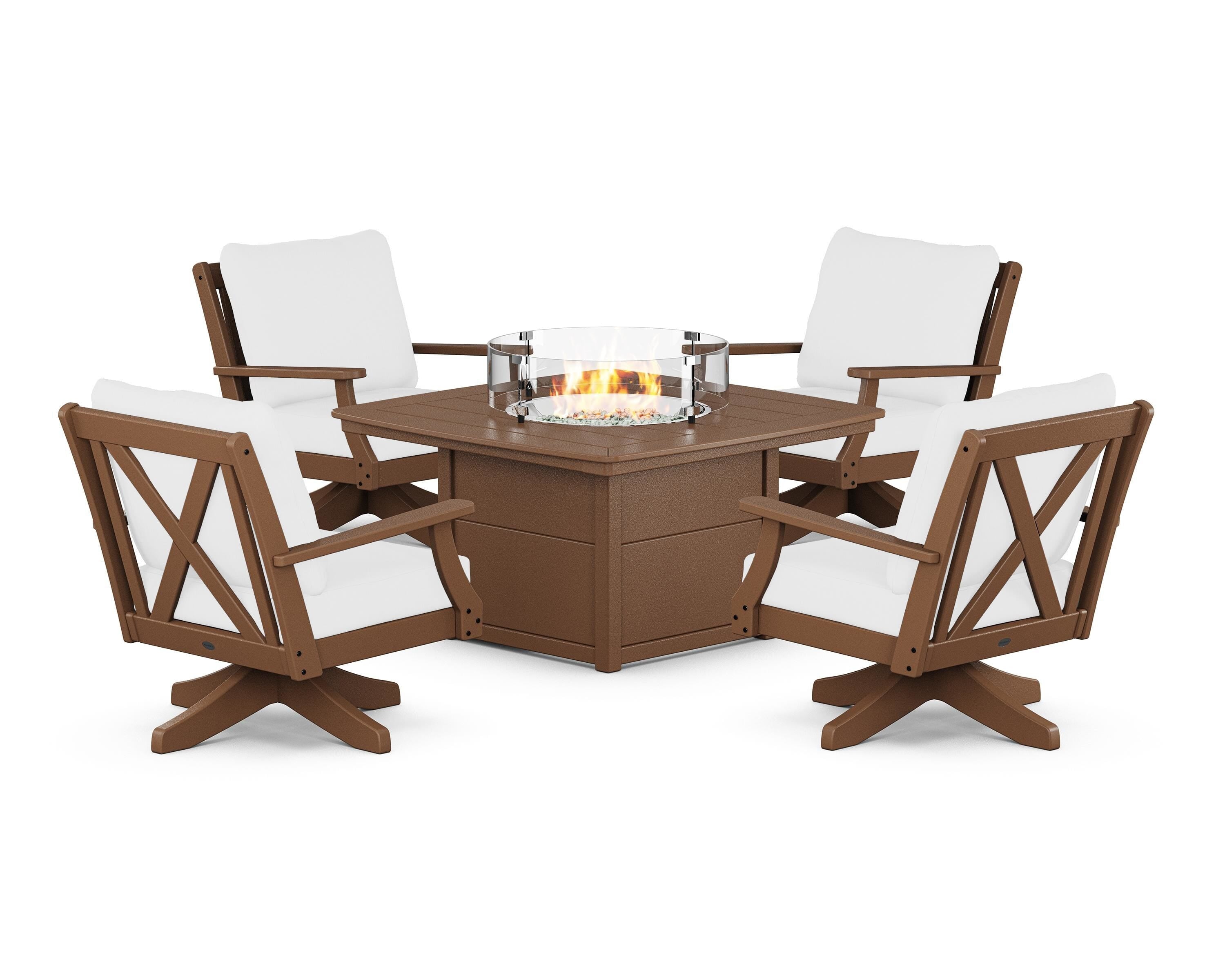 POLYWOOD Braxton 5-Piece Deep Seating Swivel Conversation Set with Fire Pit Table in Teak / Natural