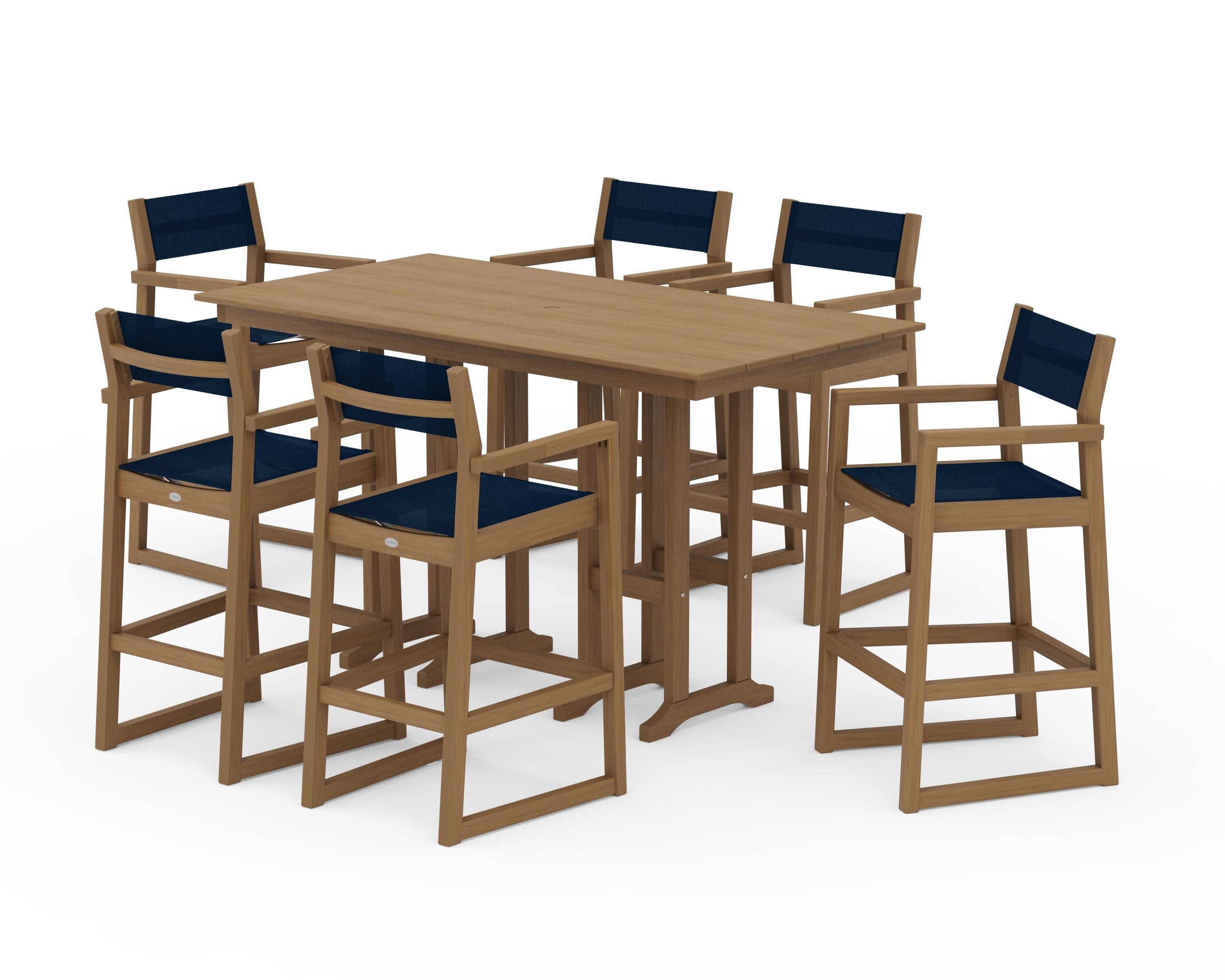 POLYWOOD EDGE Sling Arm Chair 7-Piece Farmhouse Bar Set in Natural / Navy Blue Sling