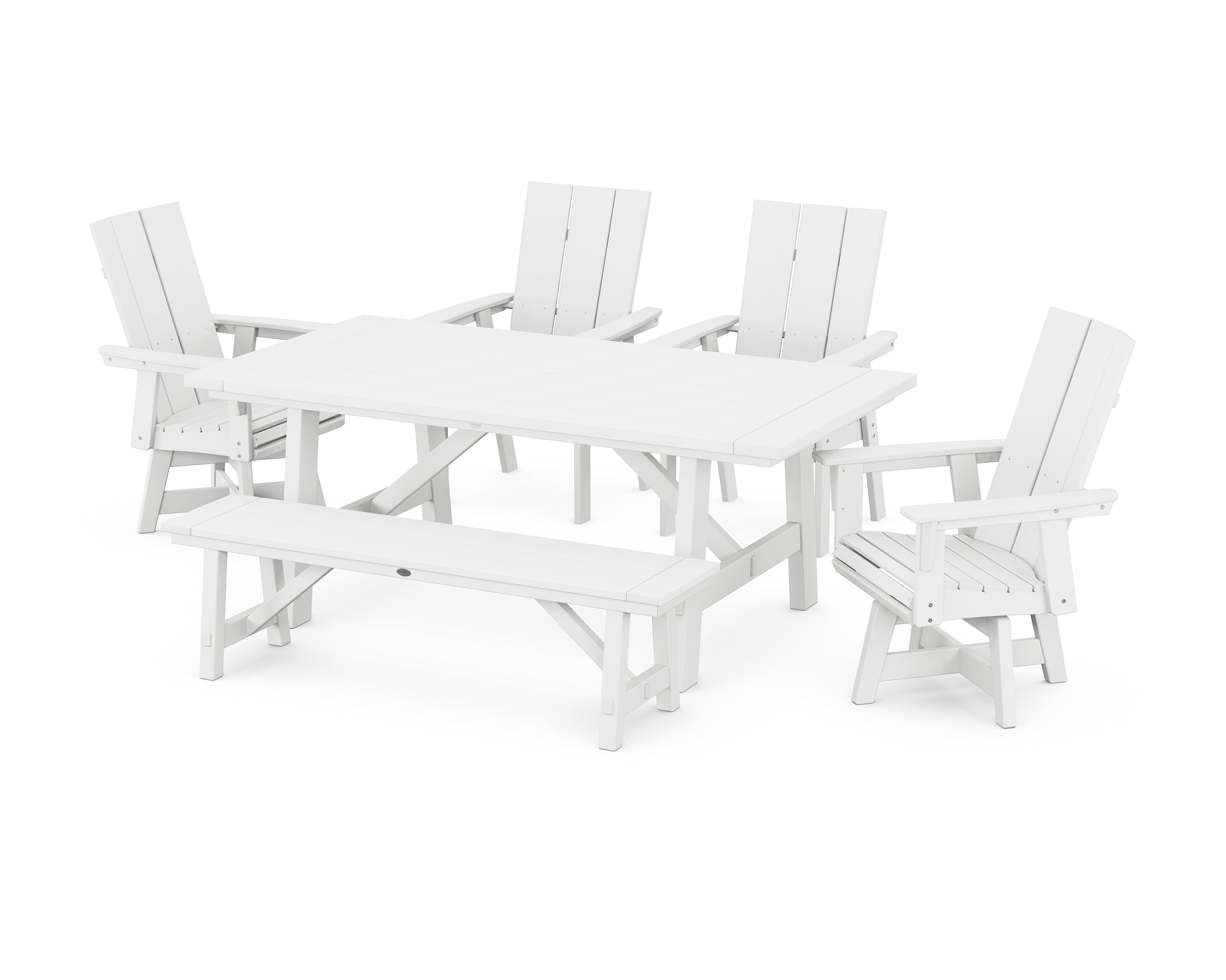 POLYWOOD® Modern Curveback Adirondack Swivel Chair 6-Piece Rustic Farmhouse Dining Set with Bench in White