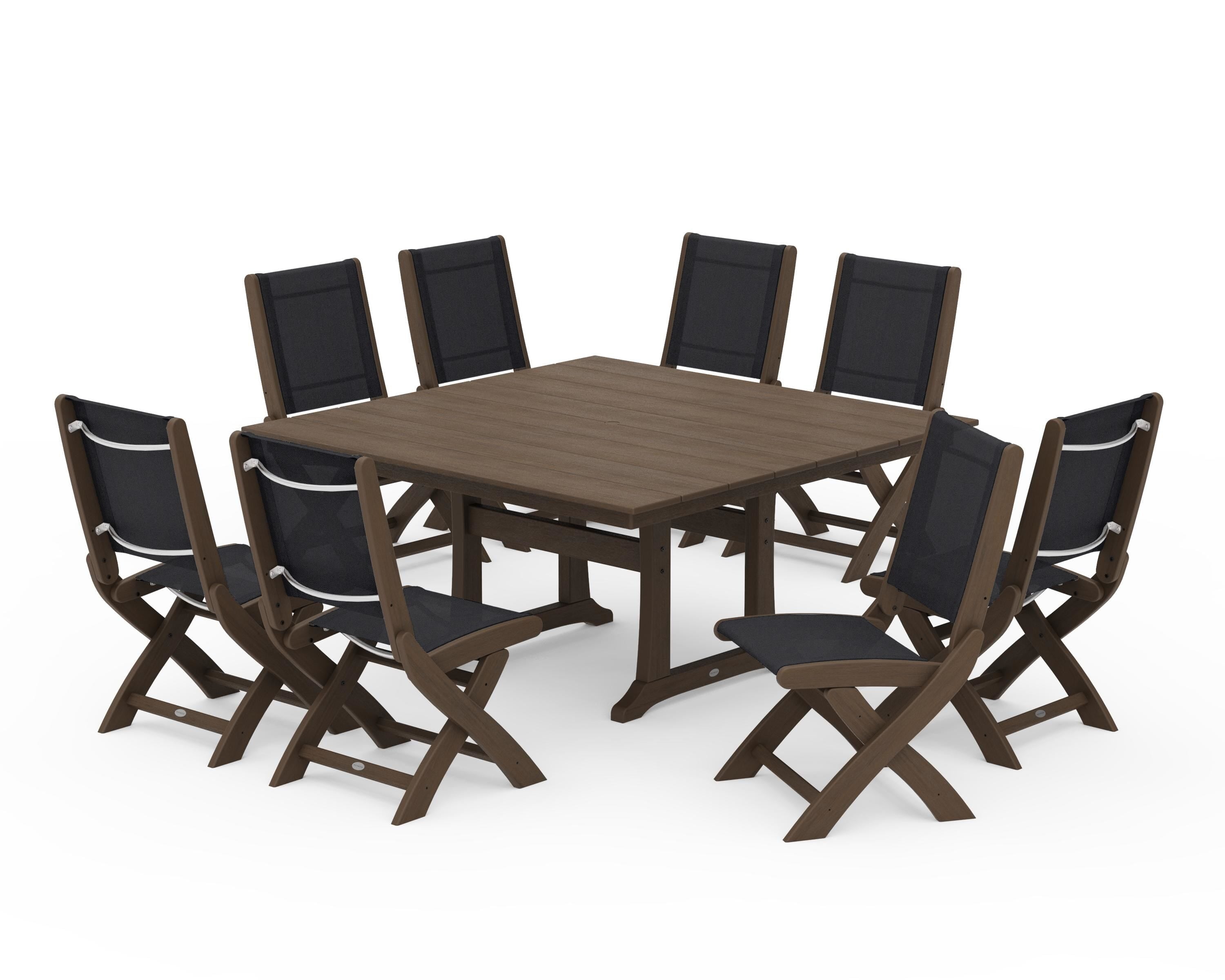 POLYWOOD Coastal Folding Side Chair 9-Piece Dining Set with Trestle Legs in Kona / Black Sling