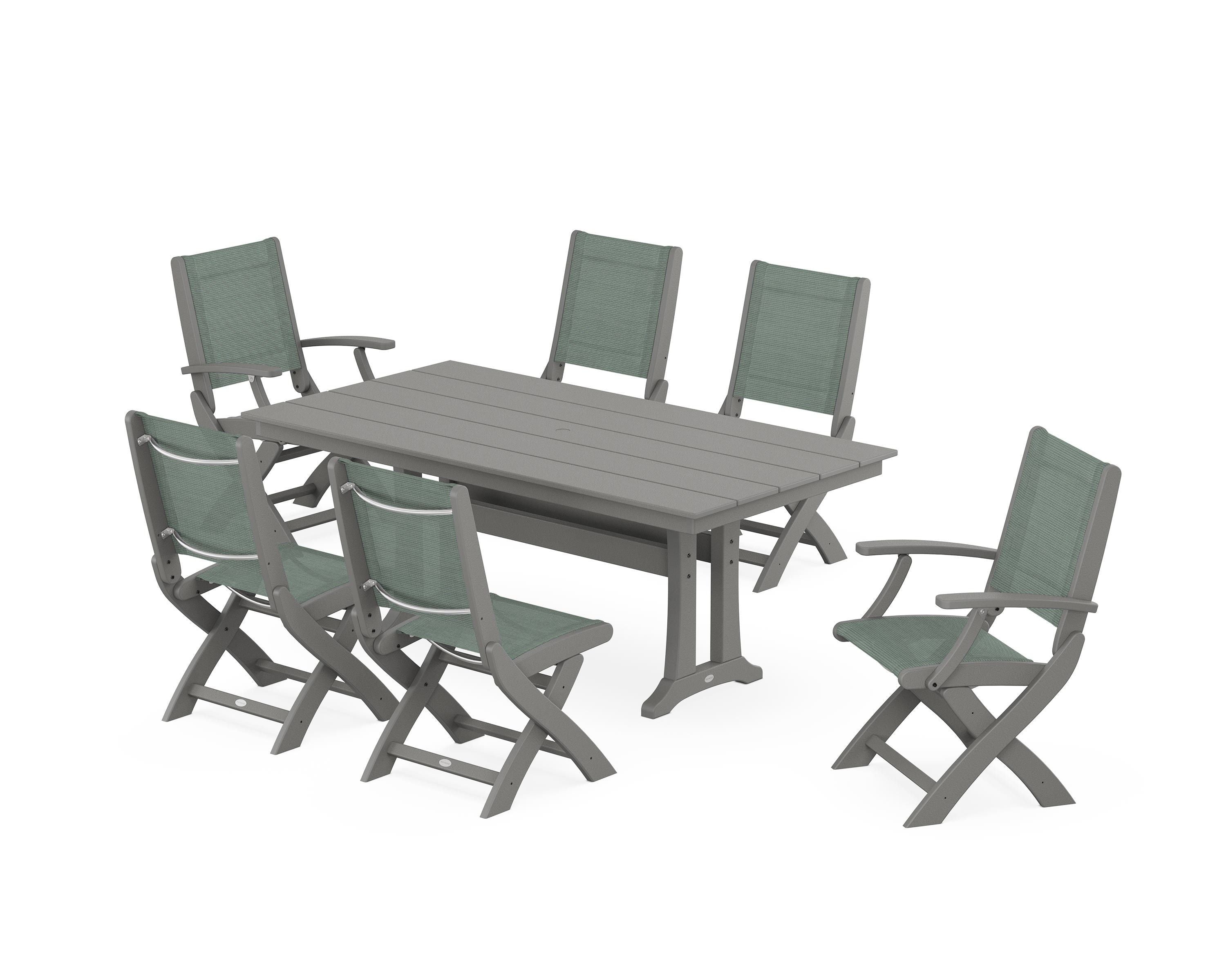 POLYWOOD Coastal Folding Chair 7-Piece Farmhouse Dining Set with Trestle Legs in Slate Grey / Dupioni Sea Mist Sling