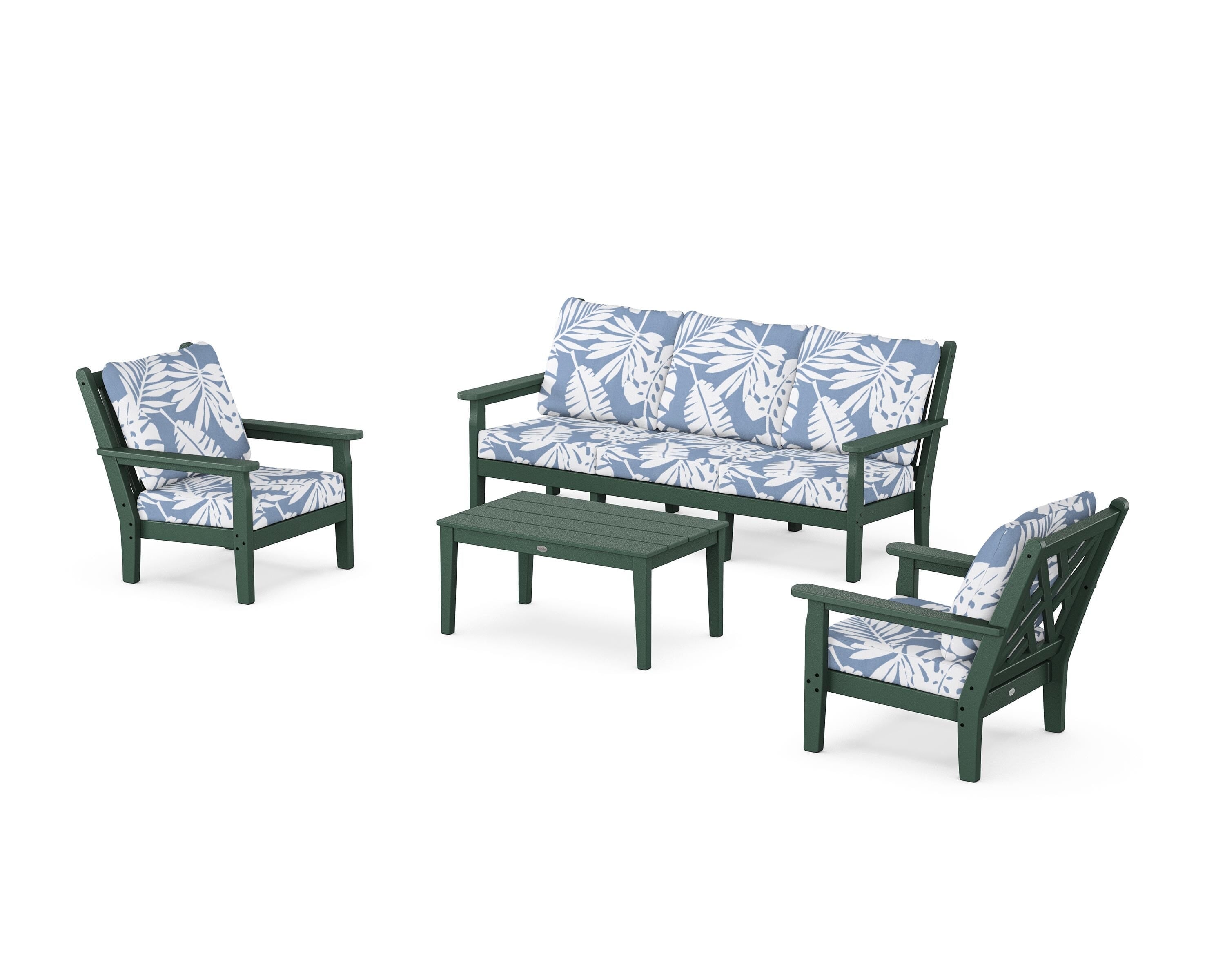 POLYWOOD Chippendale 4-Piece Deep Seating Set with Sofa in Green / Leaf Sky Blue