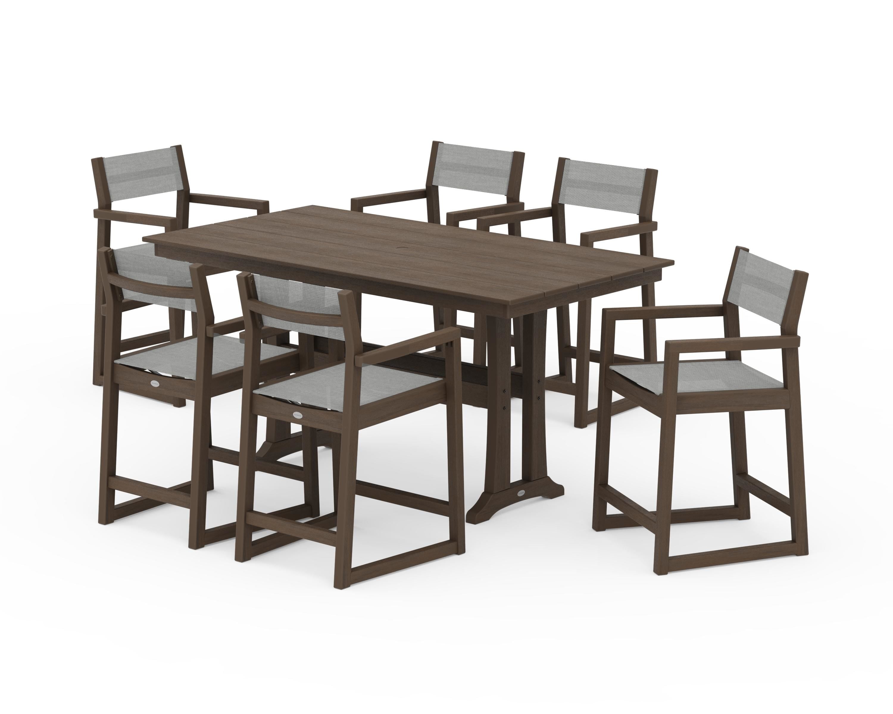 POLYWOOD EDGE Sling Arm Chair 7-Piece Farmhouse Counter Set with Trestle Legs in Kona / Metallic Sling