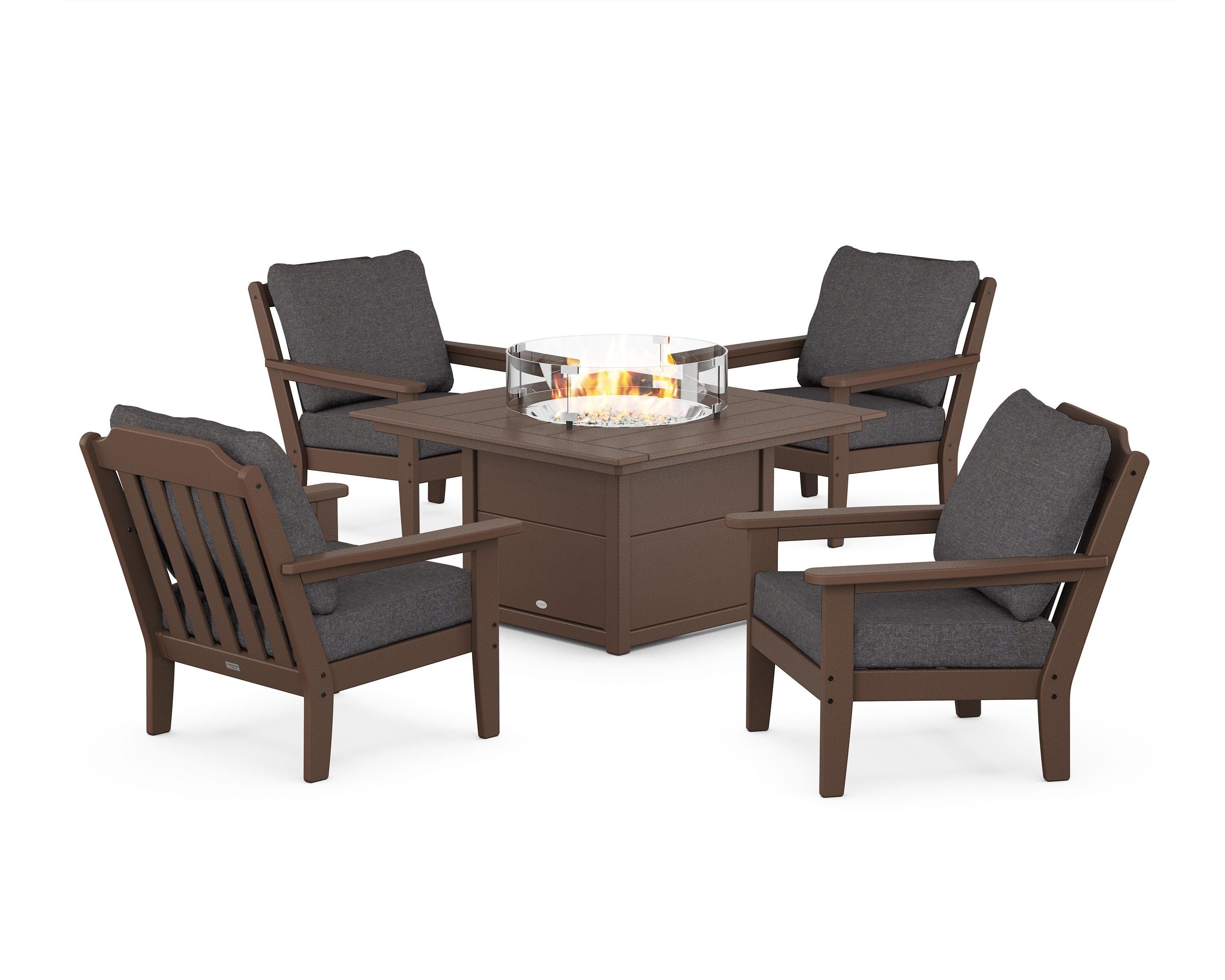 Country Living Cottage 5-Piece Deep Seating Set with Fire Pit Table in Mahogany / Ash Charcoal
