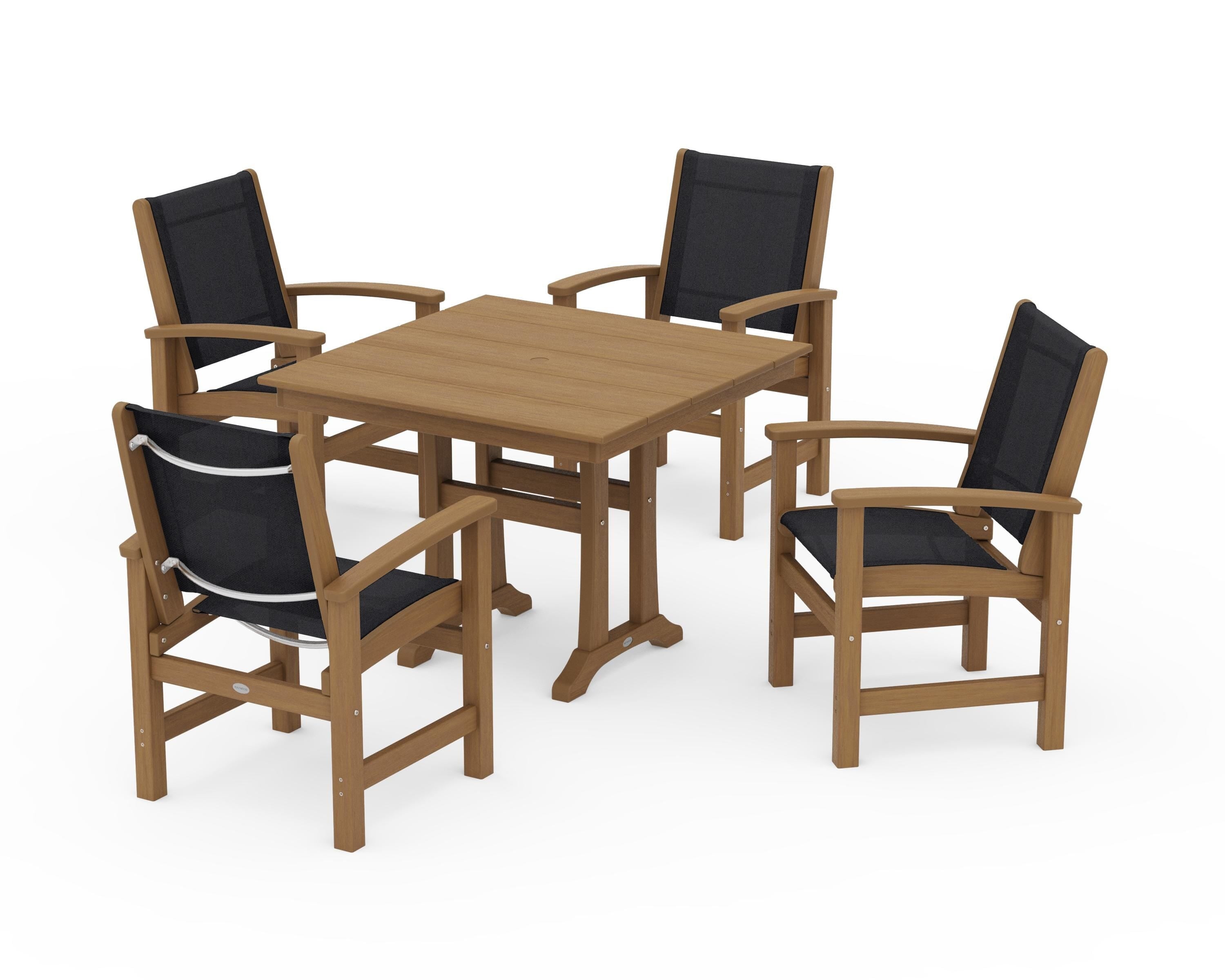 POLYWOOD Coastal 5-Piece Farmhouse Dining Set With Trestle Legs in Natural / Black Sling