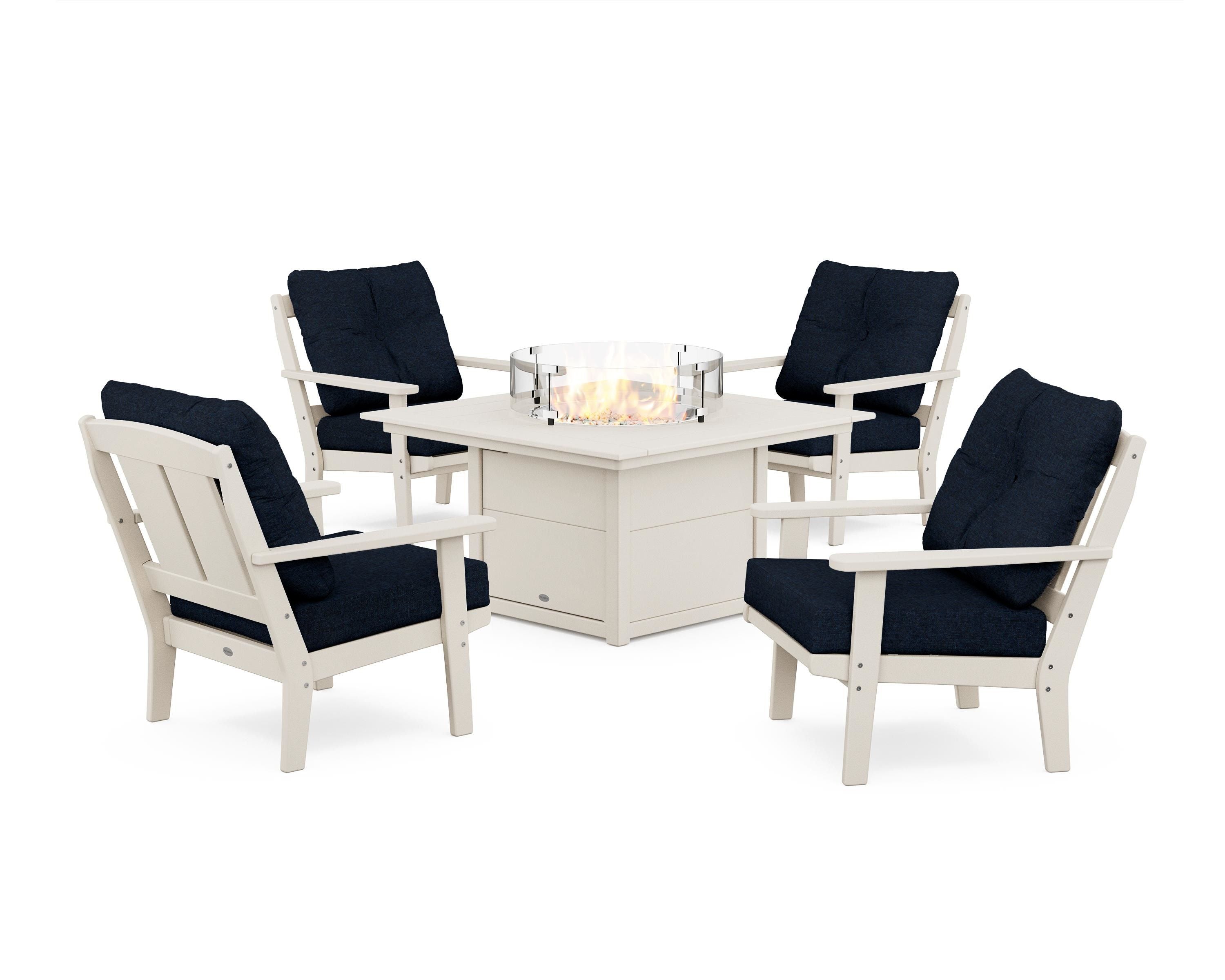 POLYWOOD Mission 5-Piece Deep Seating Set with Fire Pit Table in Sand / Marine Indigo