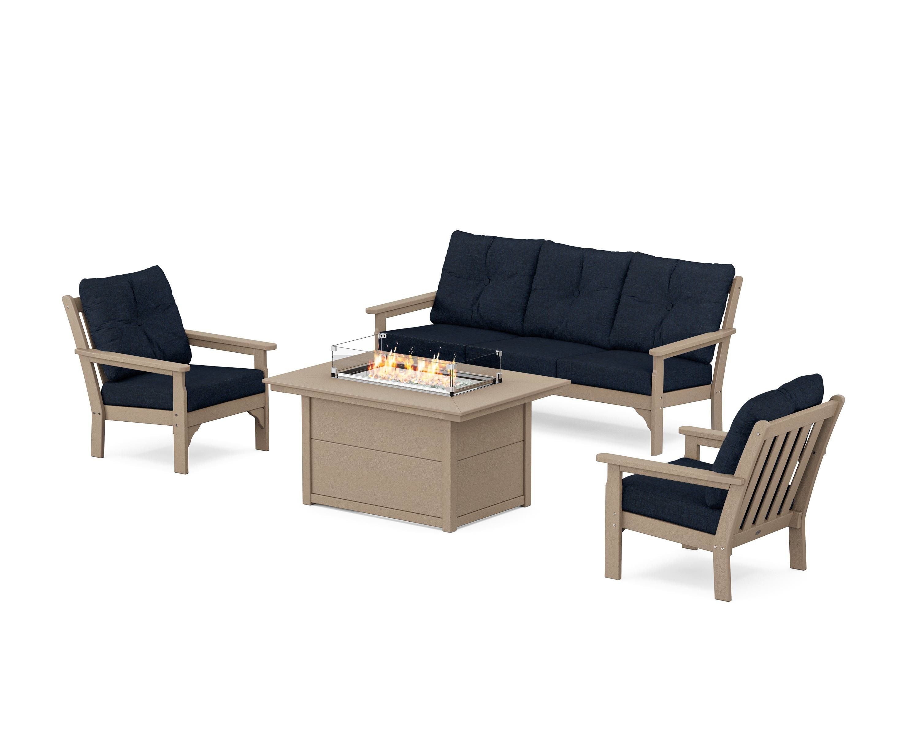 POLYWOOD Vineyard Deep Seating Fire Pit Table Set in Vintage Sahara / Marine Indigo