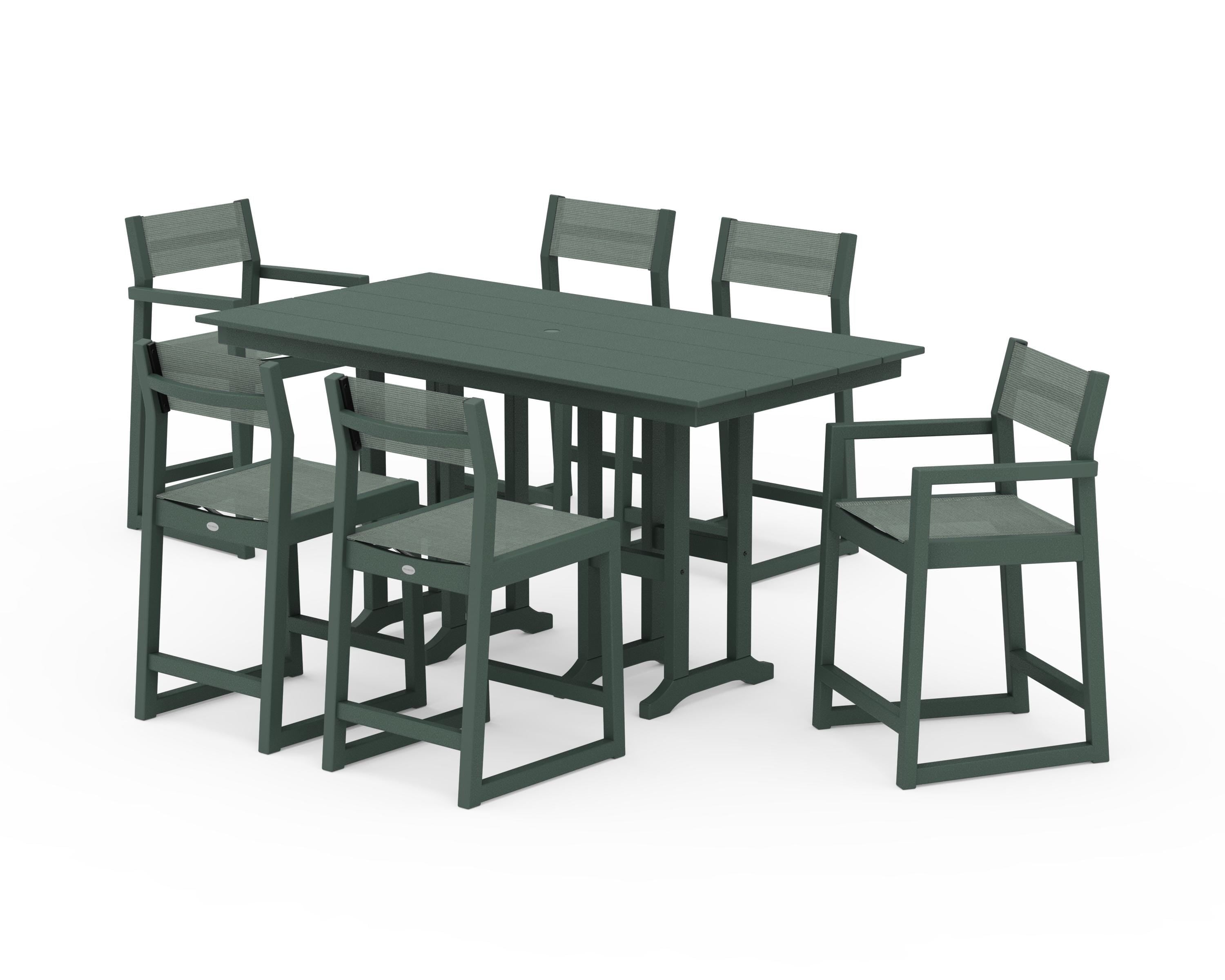 POLYWOOD EDGE Sling 7-Piece Farmhouse Counter Set in Green / Dupioni Sea Mist Sling