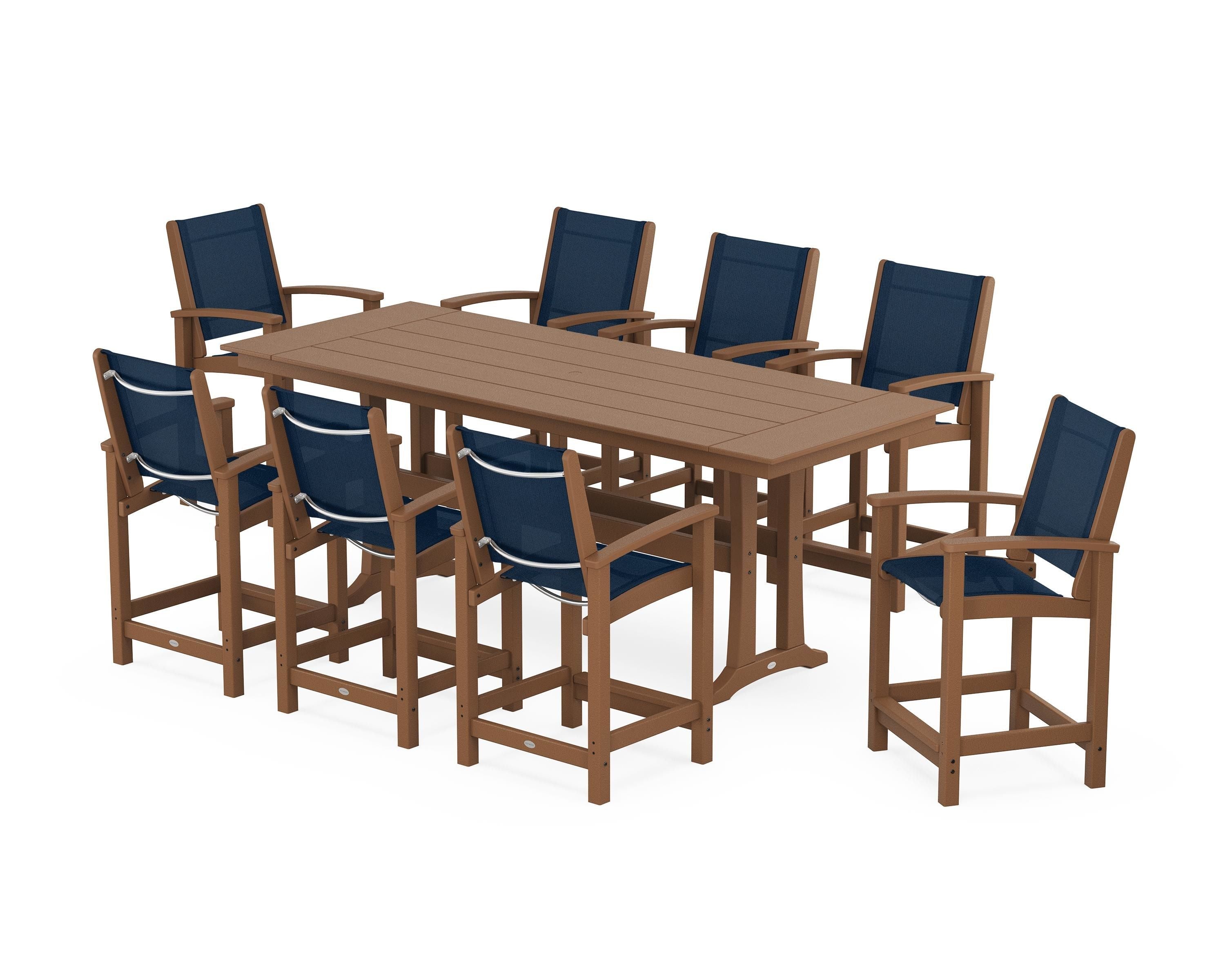 POLYWOOD Coastal 9-Piece Farmhouse Counter Set with Trestle Legs in Teak / Navy Blue Sling