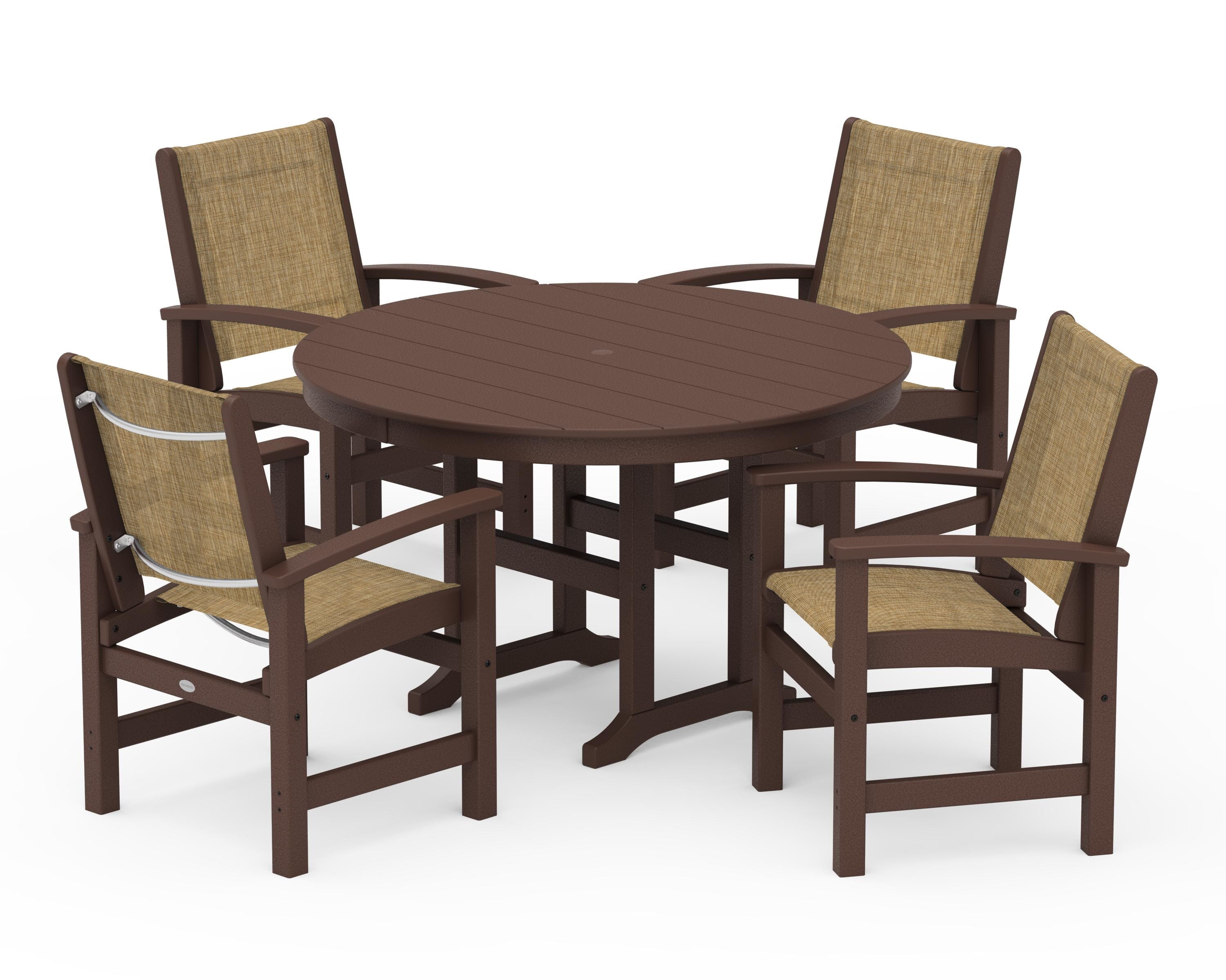 POLYWOOD Coastal 5-Piece Round Farmhouse Dining Set in Mahogany / Burlap Sling