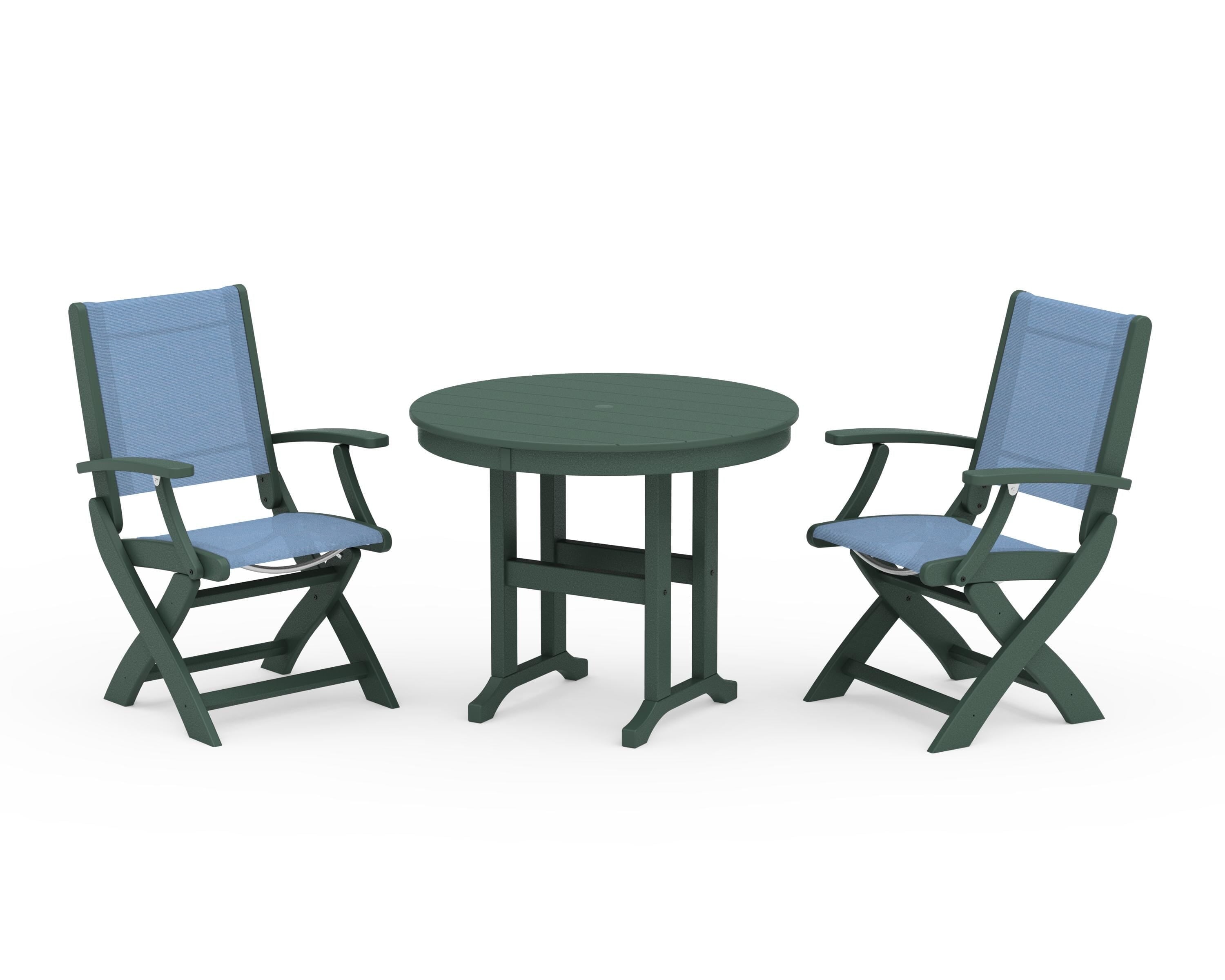 POLYWOOD Coastal Folding Chair 3-Piece Round Dining Set in Green / Poolside Sling