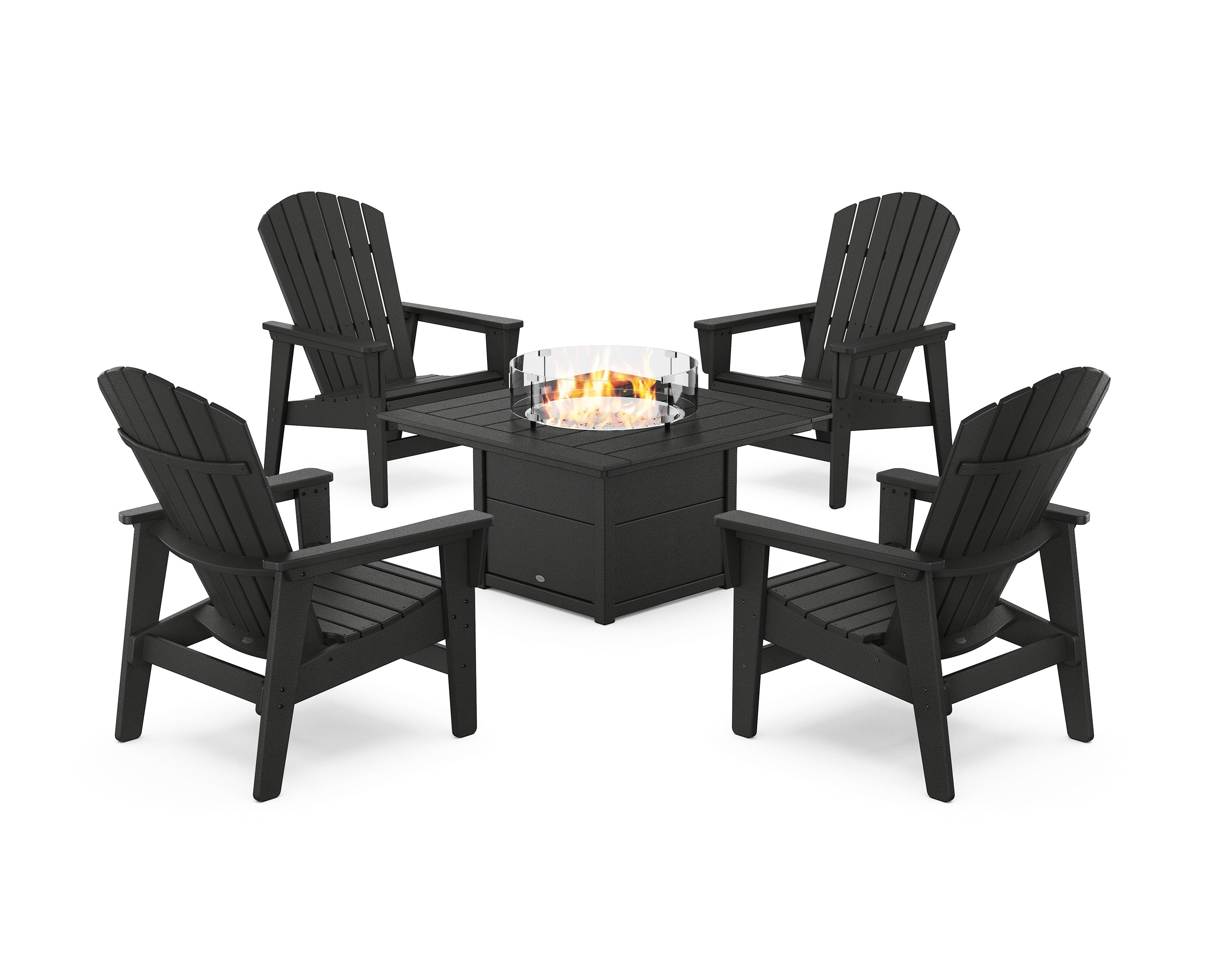 POLYWOOD® 5-Piece Nautical Grand Upright Adirondack Conversation Set with Fire Pit Table in Black