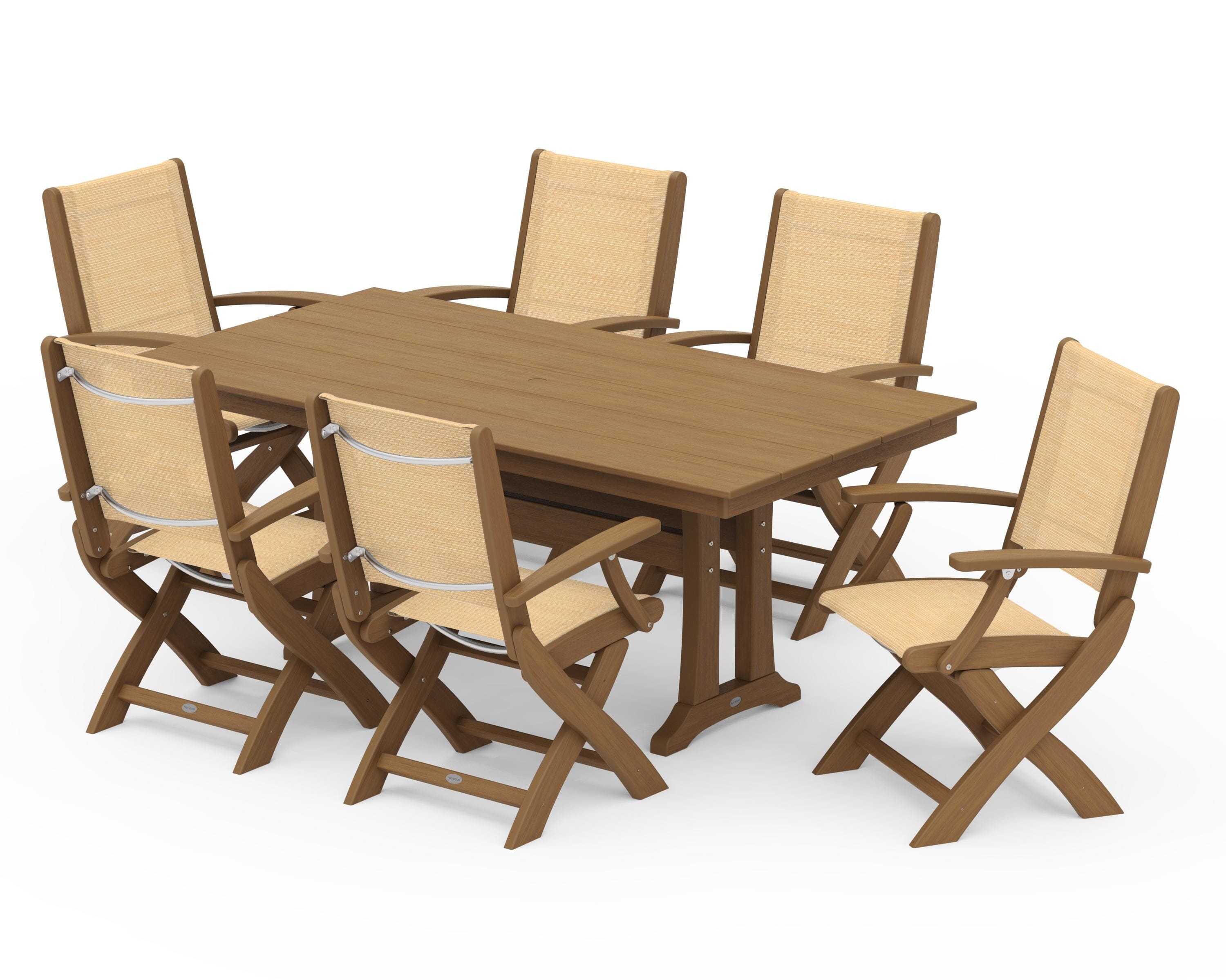 POLYWOOD Coastal Folding Arm Chair 7-Piece Farmhouse Dining Set with Trestle Legs in Natural / Dupioni Apricot Sling