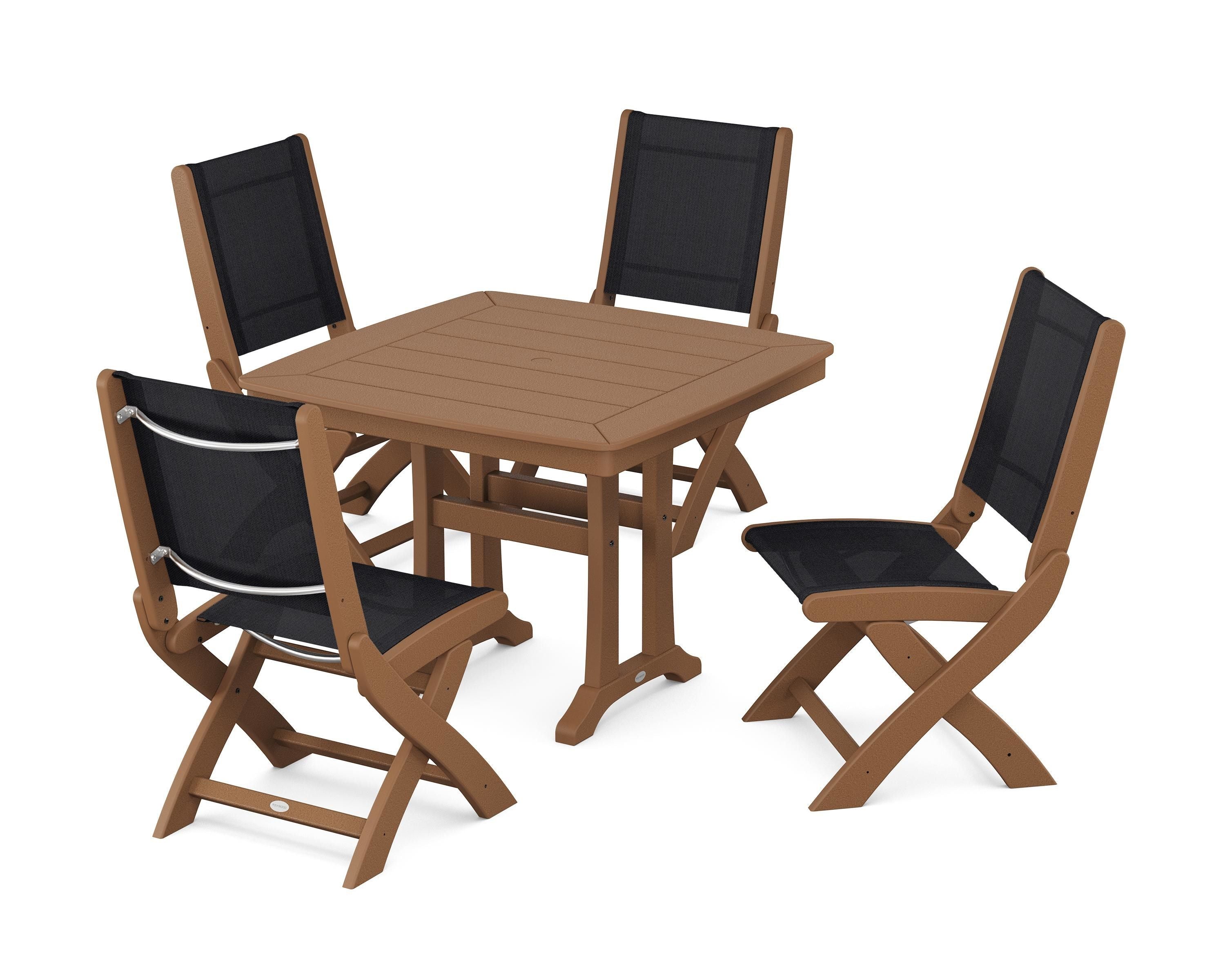 POLYWOOD Coastal Folding Side Chair 5-Piece Dining Set with Trestle Legs in Teak / Black Sling
