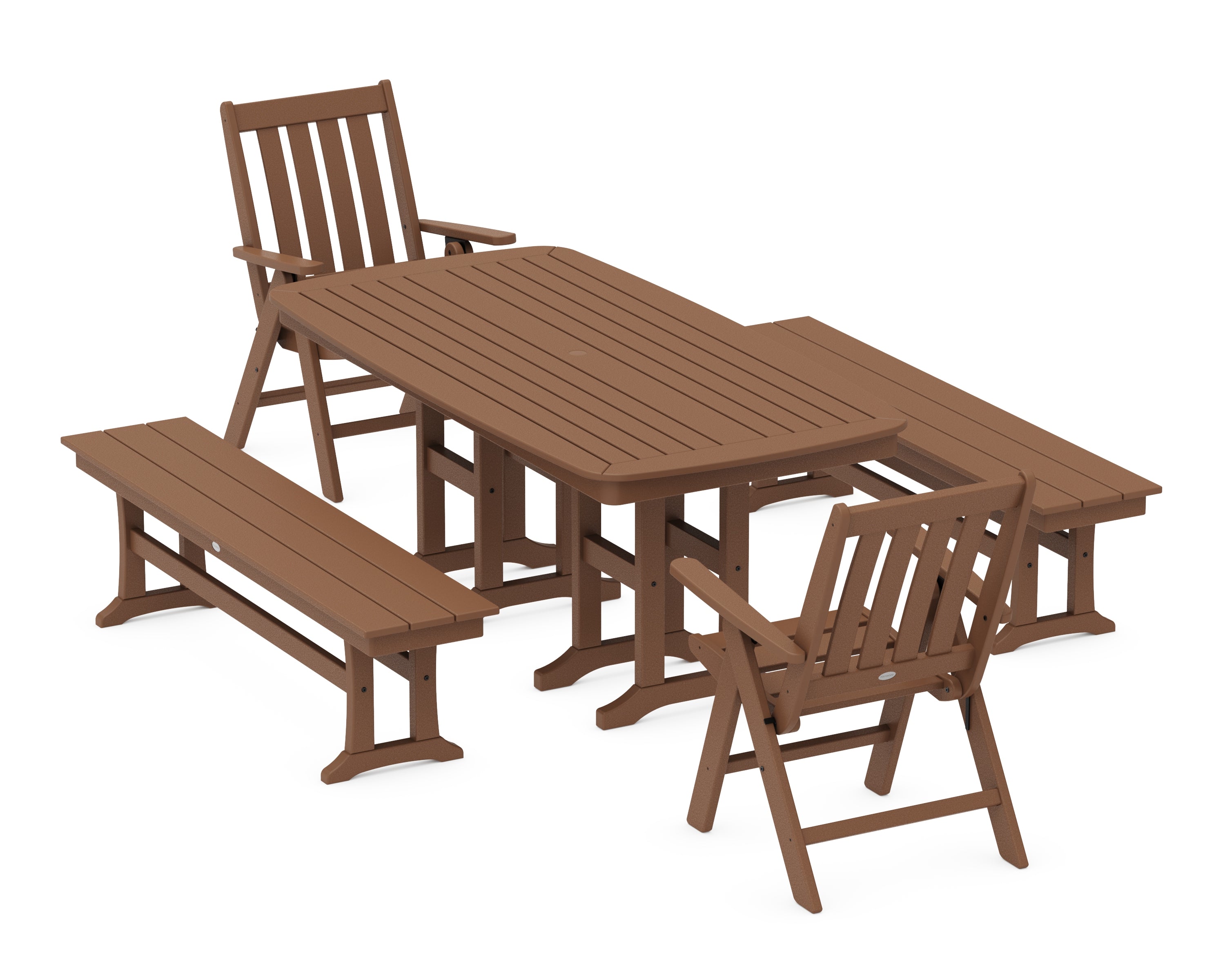 POLYWOOD Vineyard Folding Chair 6-Piece Dining Set with Benches in Teak