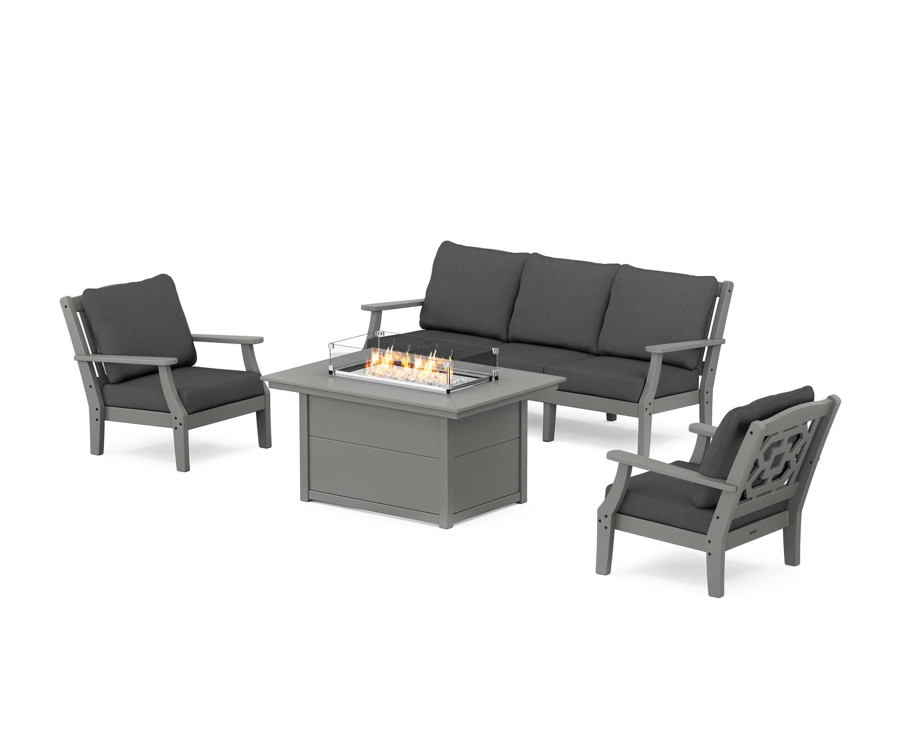 Martha Stewart by POLYWOOD Chinoiserie Deep Seating Fire Pit Table Set in Slate Grey / Spectrum Carbon