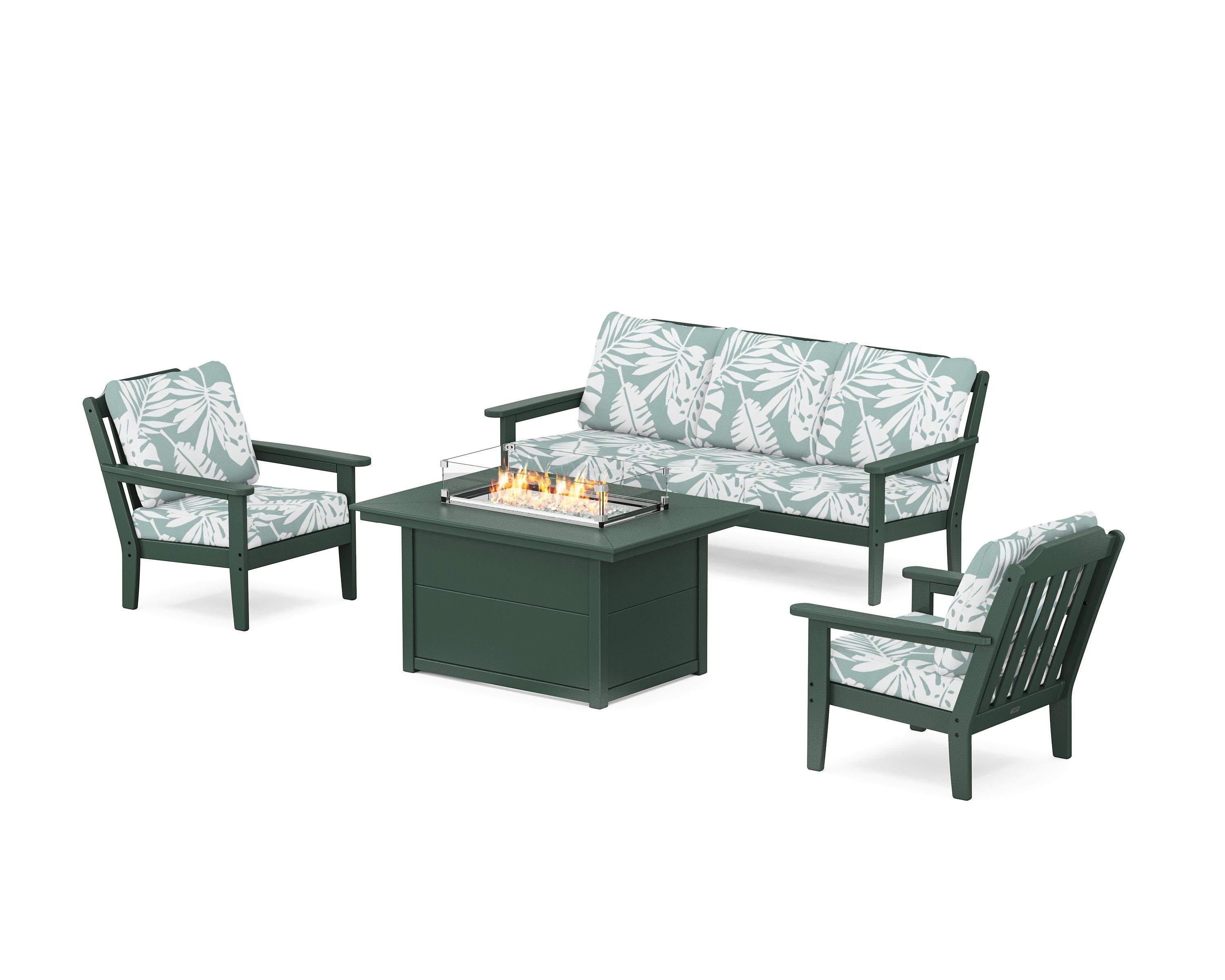 Country Living Cottage Deep Seating Fire Pit Table Set in Green / Leaf Glacier Spa