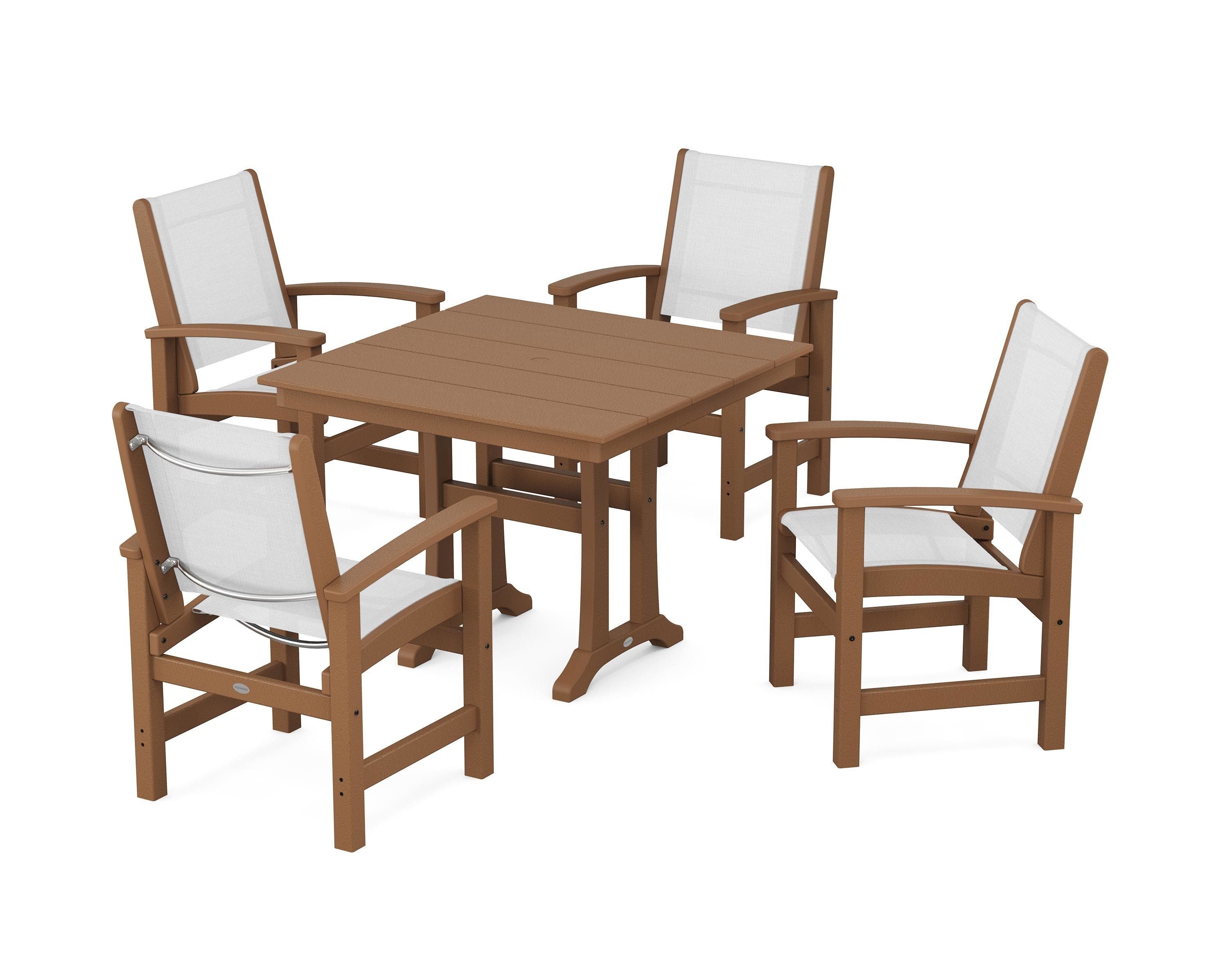 POLYWOOD Coastal 5-Piece Farmhouse Dining Set With Trestle Legs in Teak / White Sling
