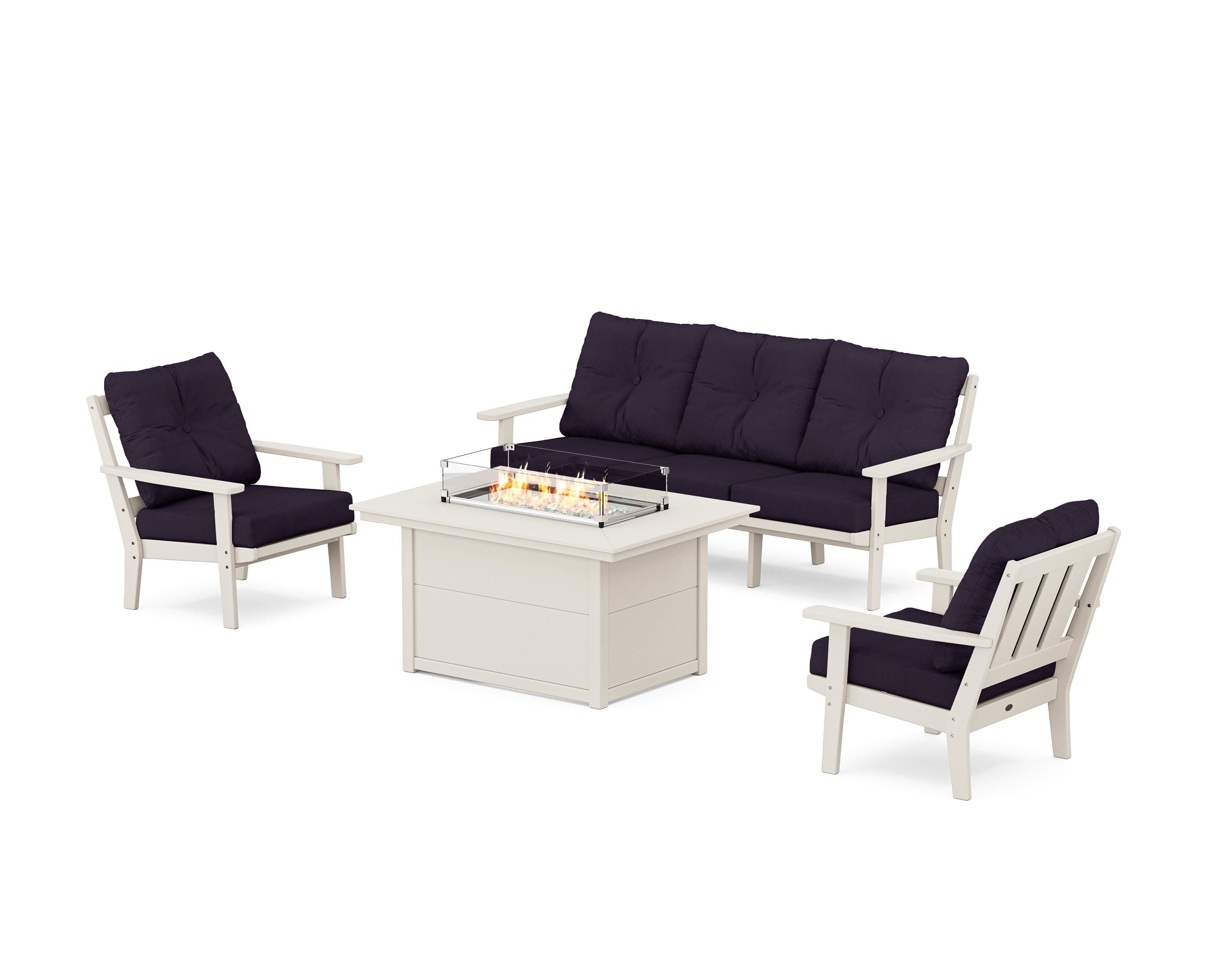 POLYWOOD Oxford Deep Seating Fire Pit Table Set in Sand / Navy Linen