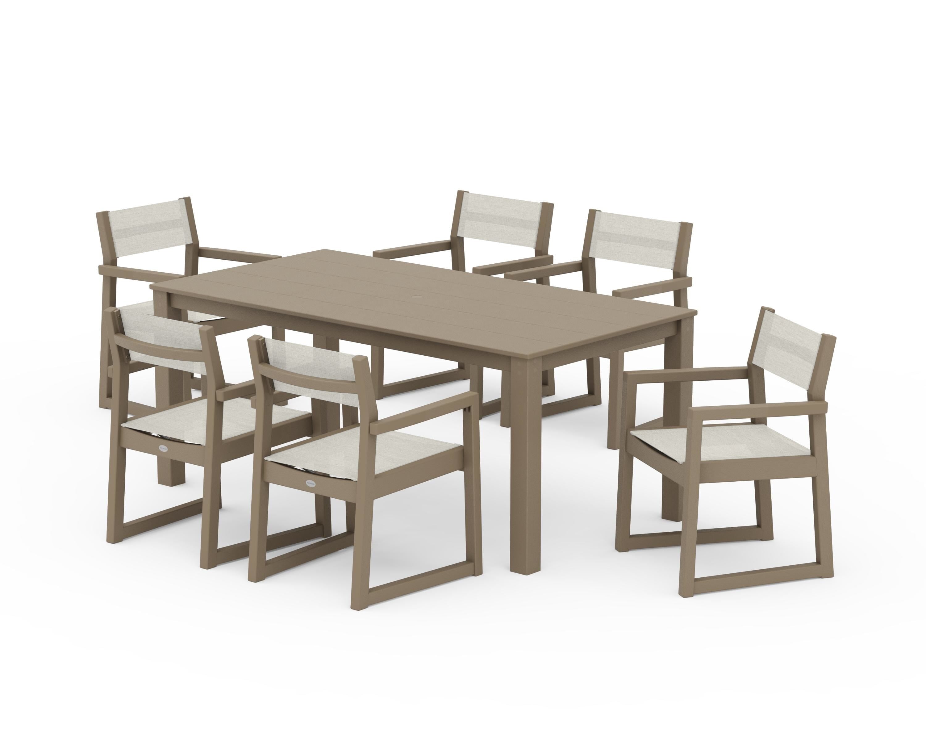 POLYWOOD EDGE Sling Arm Chair 7-Piece Parsons Dining Set in Vintage Sahara / Parchment Sling