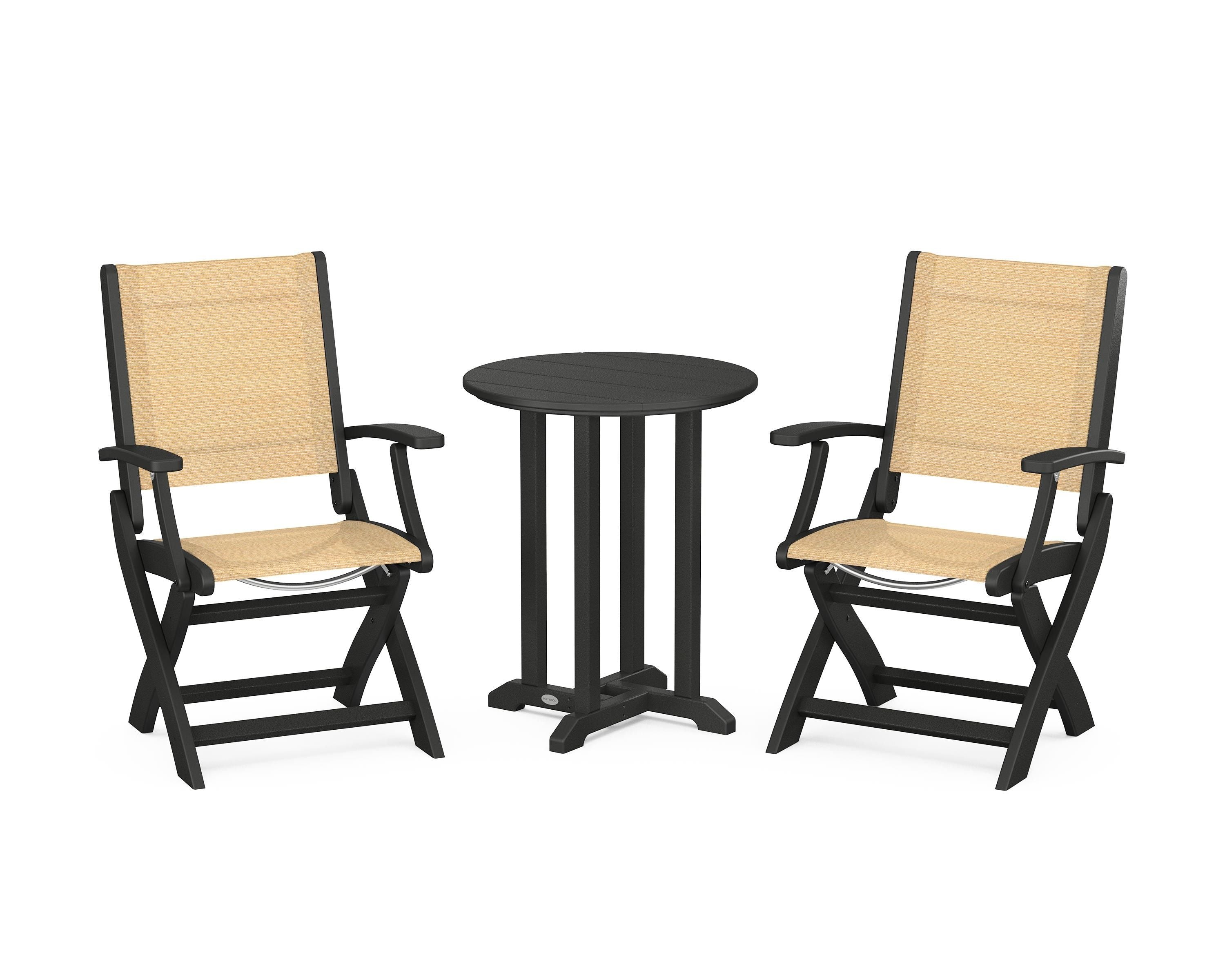 POLYWOOD Coastal Folding 3-Piece Round Bistro Dining Set in Black / Dupioni Apricot Sling
