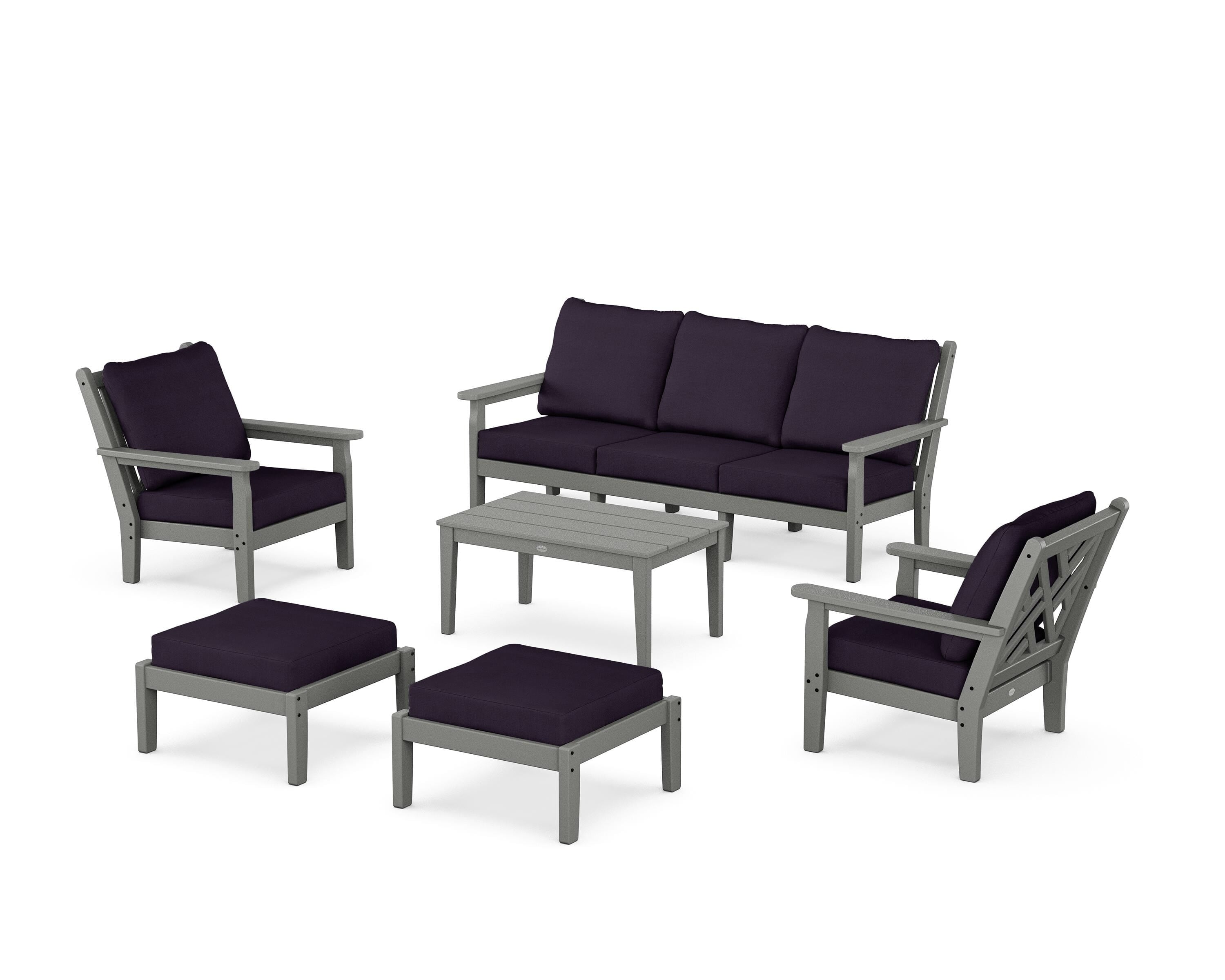 POLYWOOD Chippendale 6-Piece Lounge Sofa Set in Slate Grey / Navy Linen