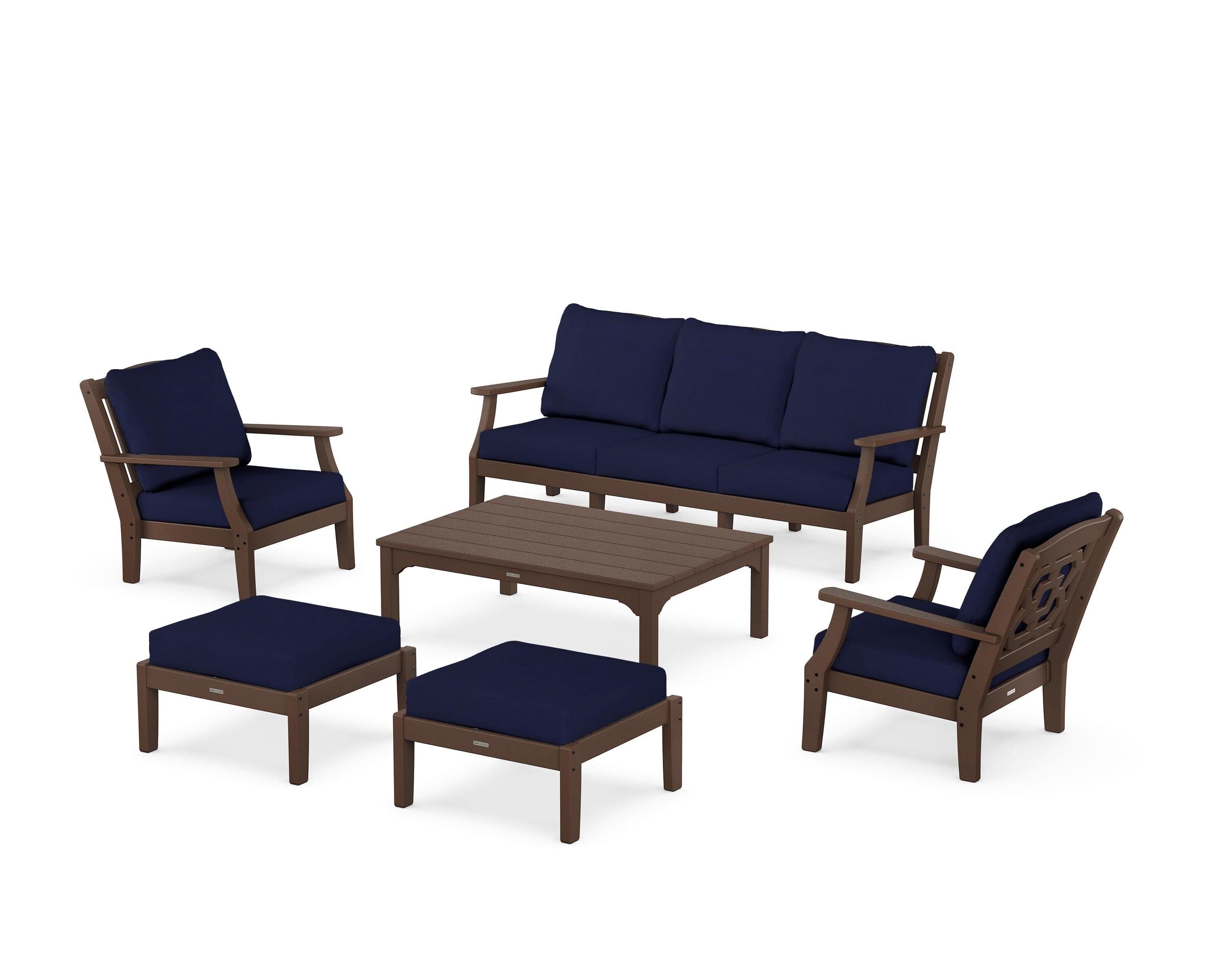 Martha Stewart by POLYWOOD Chinoiserie 6-Piece Lounge Sofa Set in Mahogany / Navy