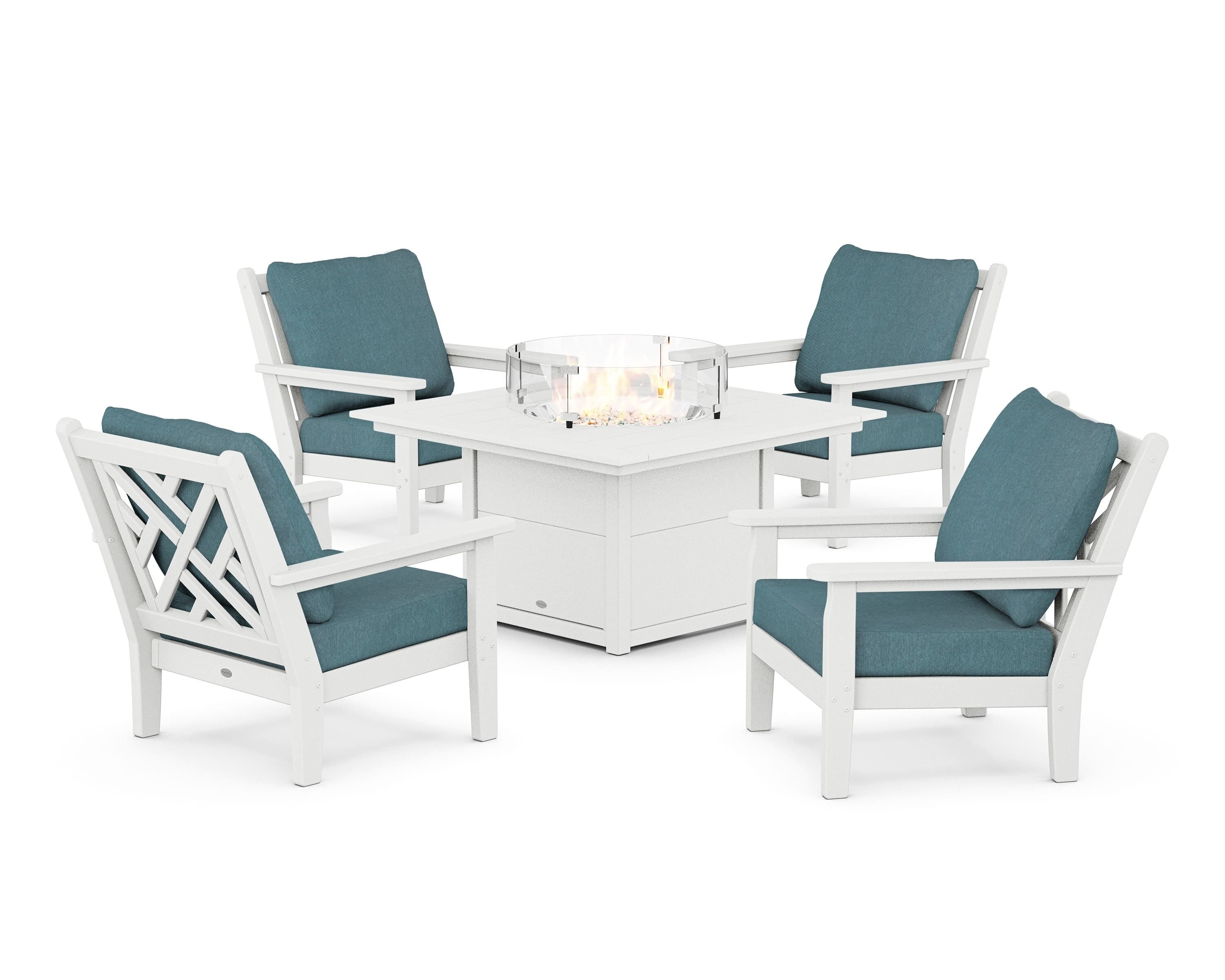 POLYWOOD Chippendale 5-Piece Deep Seating Set with Fire Pit Table in White / Ocean Teal