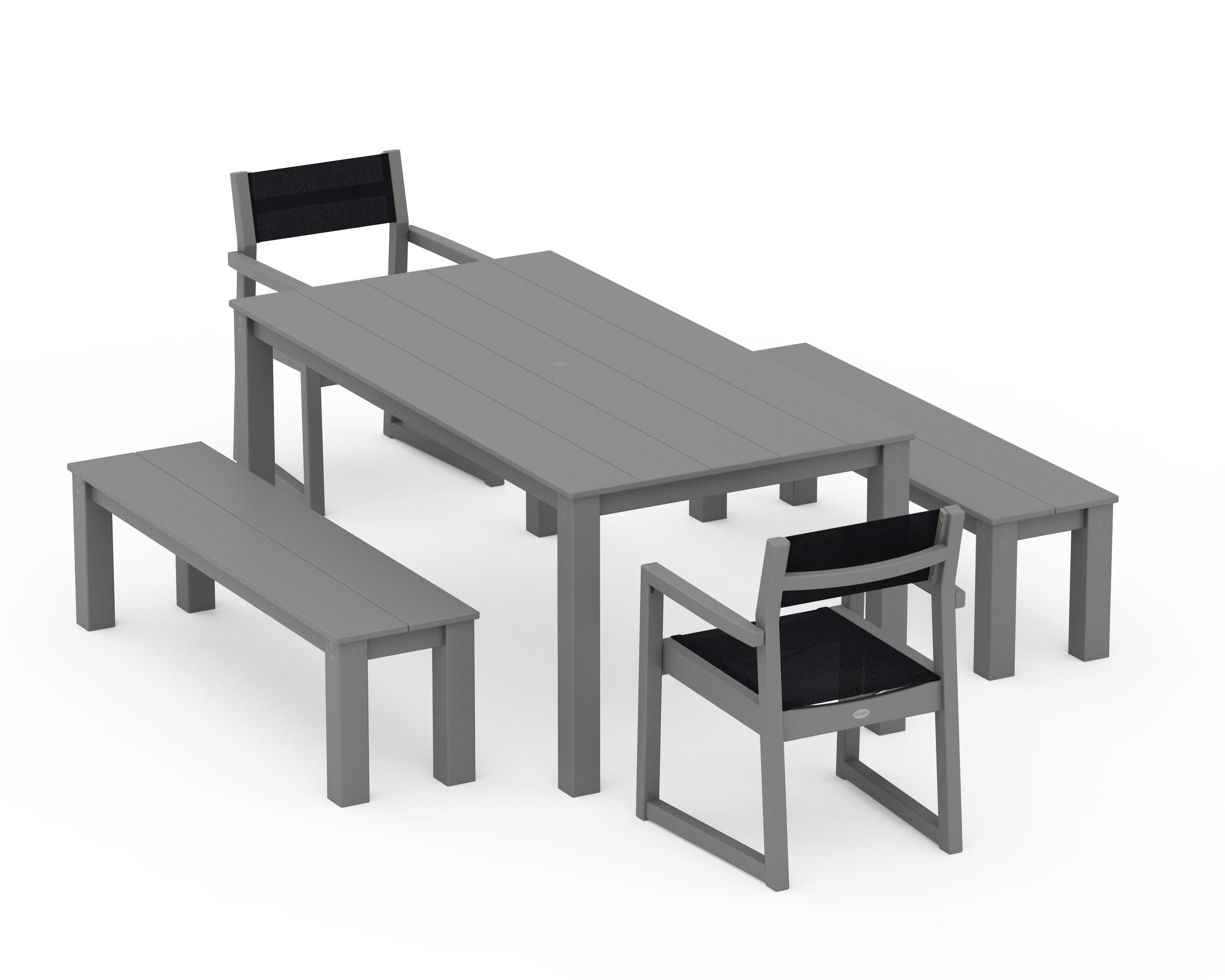 POLYWOOD EDGE Sling Arm Chair 5-Piece Parsons Dining Set with Benches in Slate Grey / Black Sling