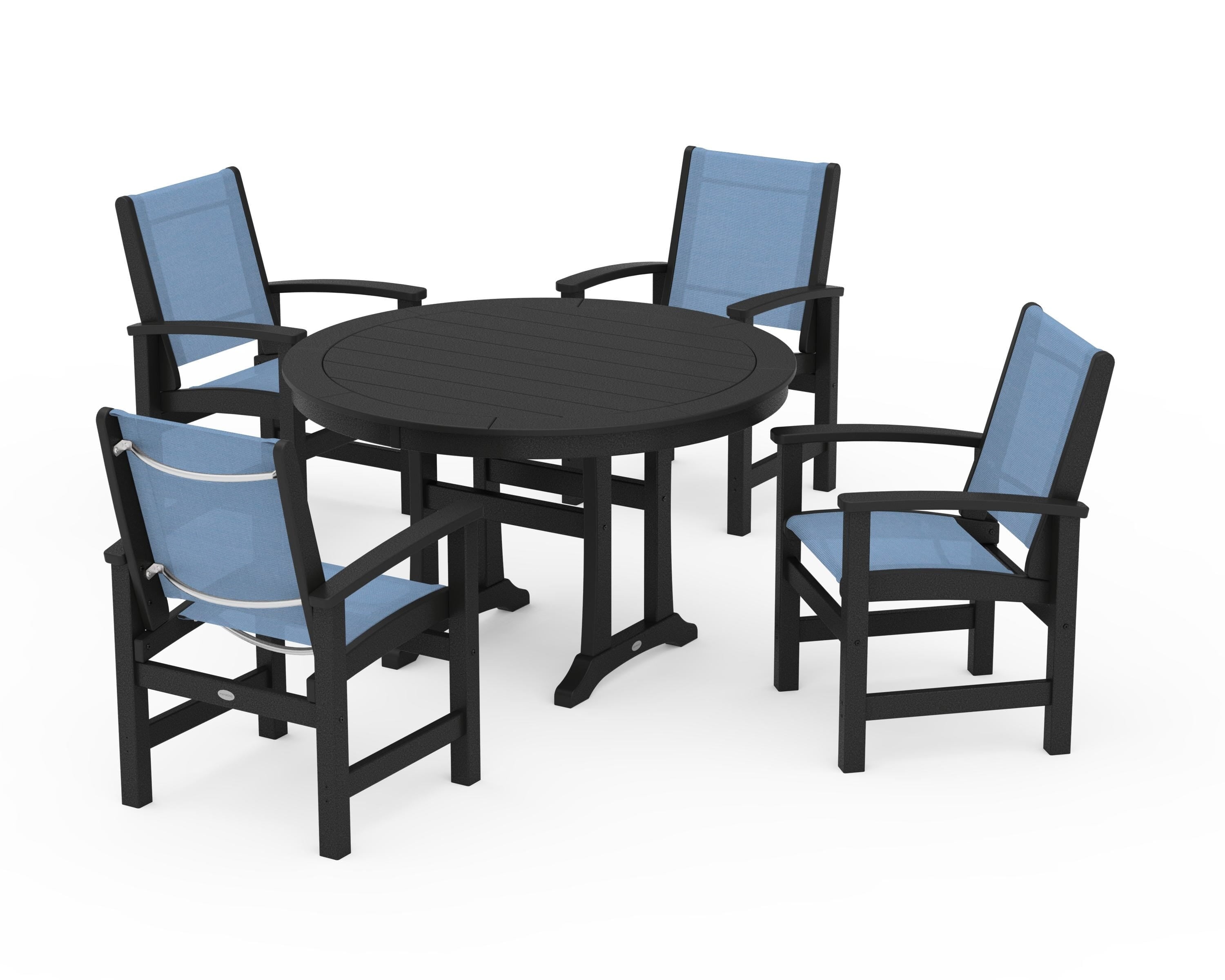 POLYWOOD Coastal 5-Piece Round Dining Set with Trestle Legs in Black / Poolside Sling