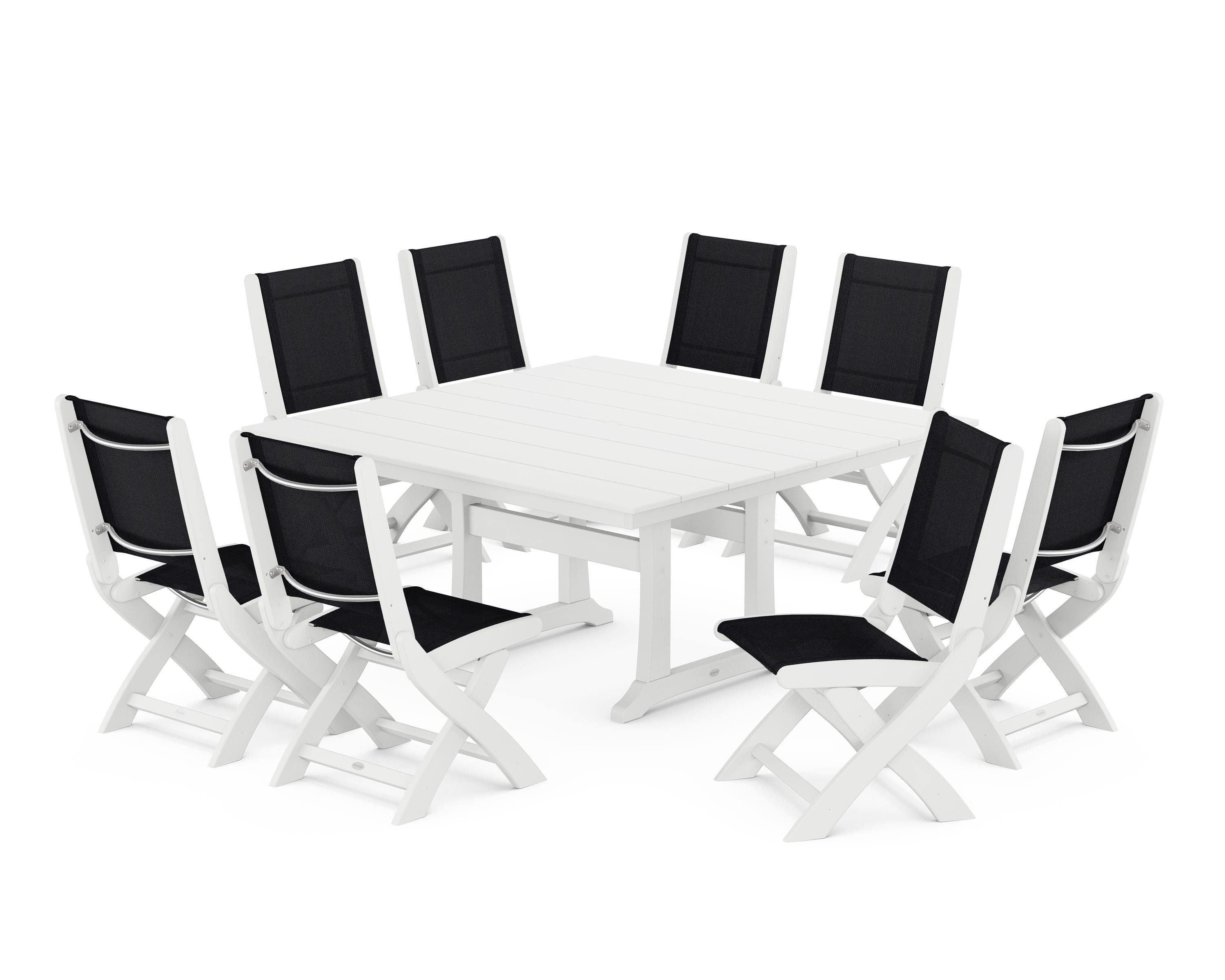 POLYWOOD Coastal Folding Side Chair 9-Piece Farmhouse Dining Set in White / Black Sling