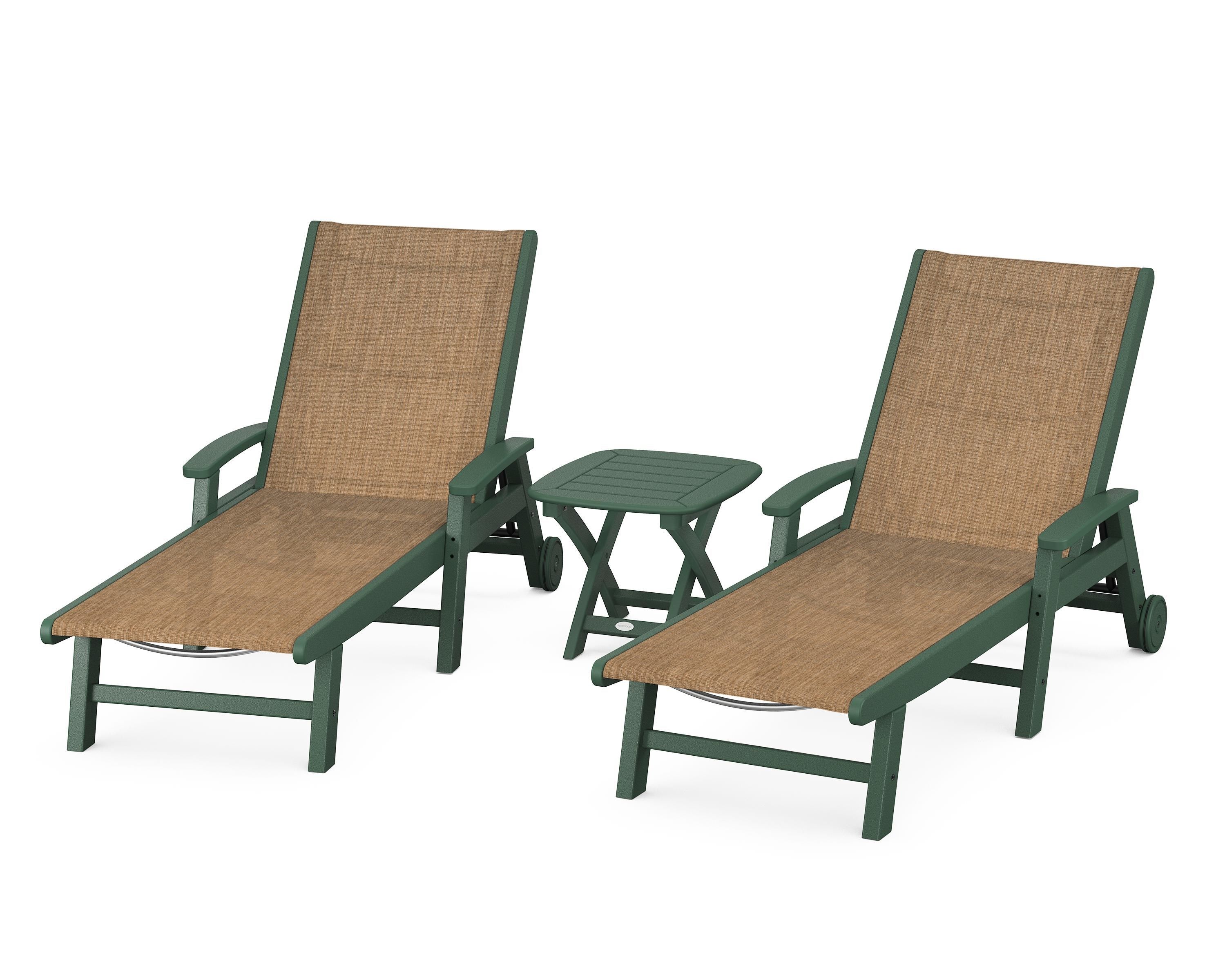 POLYWOOD Coastal 3-Piece Wheeled Chaise Set in Green / Burlap Sling