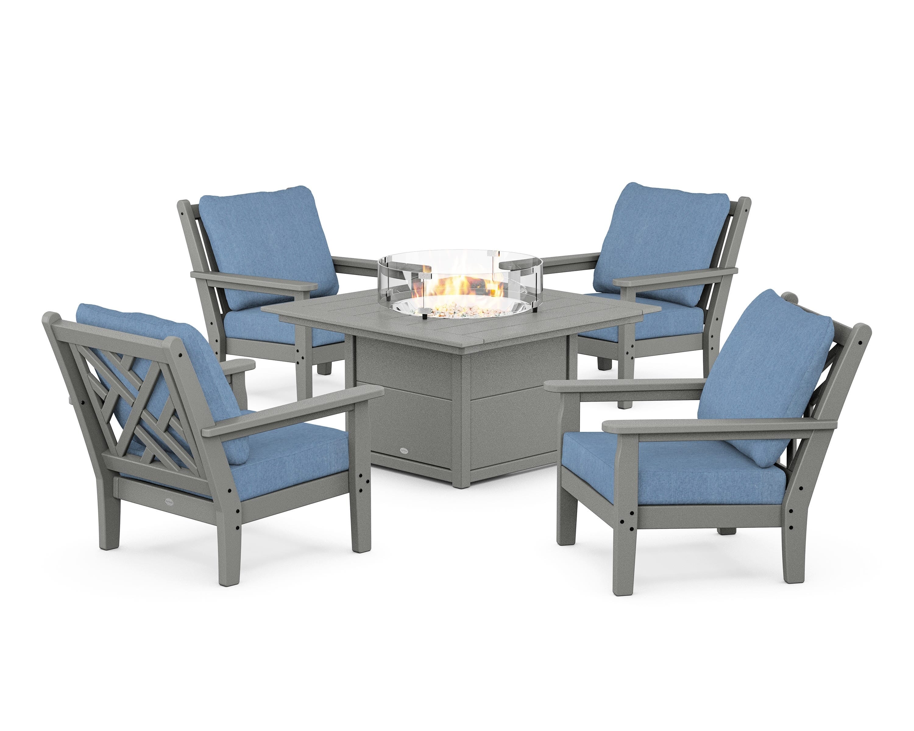 POLYWOOD Chippendale 5-Piece Deep Seating Set with Fire Pit Table in Slate Grey / Sky Blue