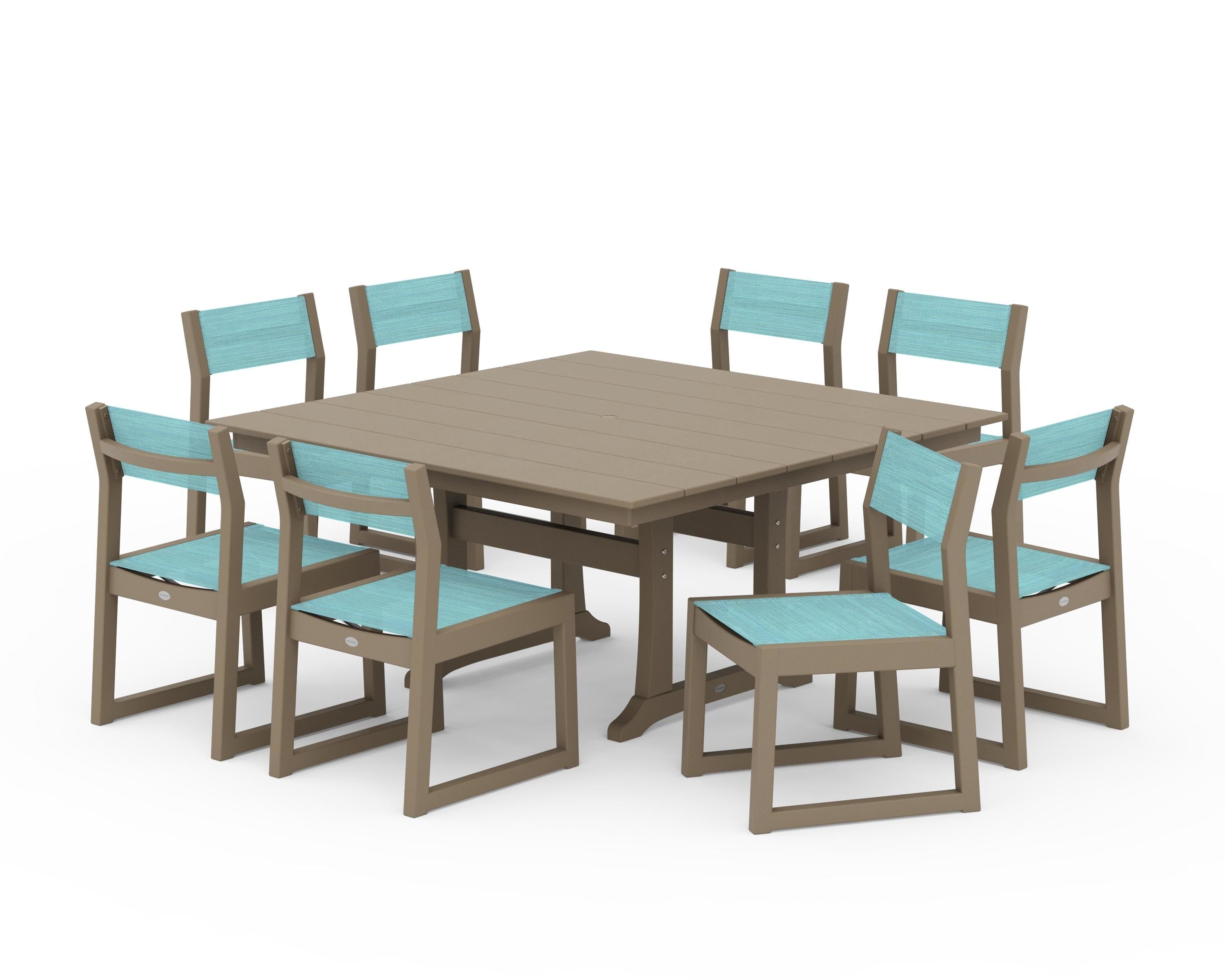 POLYWOOD EDGE Sling Side Chair 9-Piece Farmhouse Trestle Dining Set in Vintage Sahara / Dupioni Aquamarine Sling