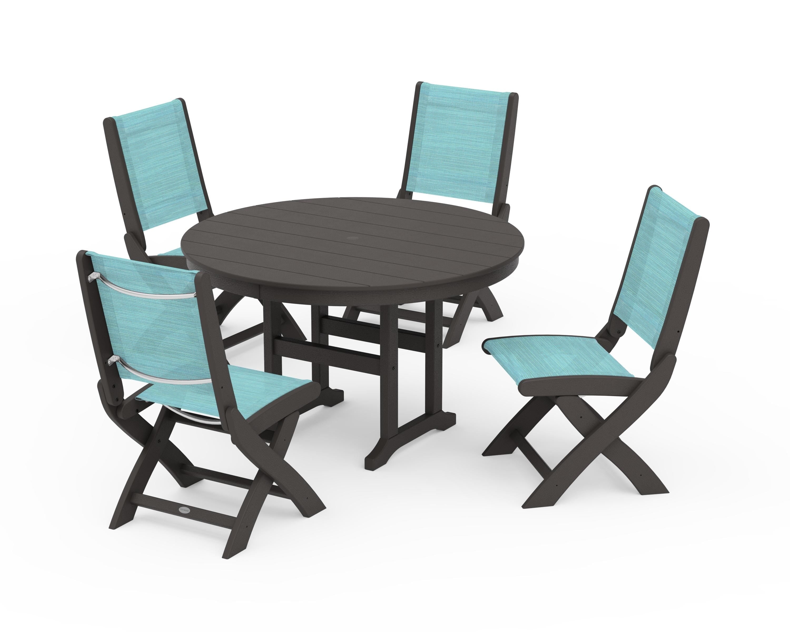 POLYWOOD Coastal Folding Side Chair 5-Piece Round Dining Set in Vintage Coffee / Dupioni Aquamarine Sling