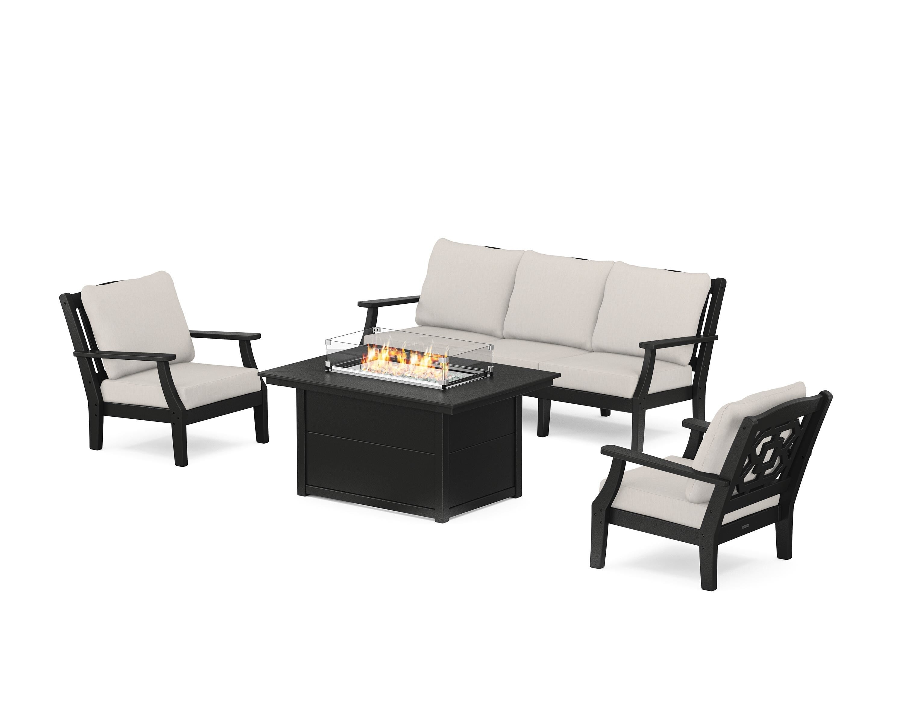 Martha Stewart by POLYWOOD Chinoiserie Deep Seating Fire Pit Table Set in Black / Cast Ash