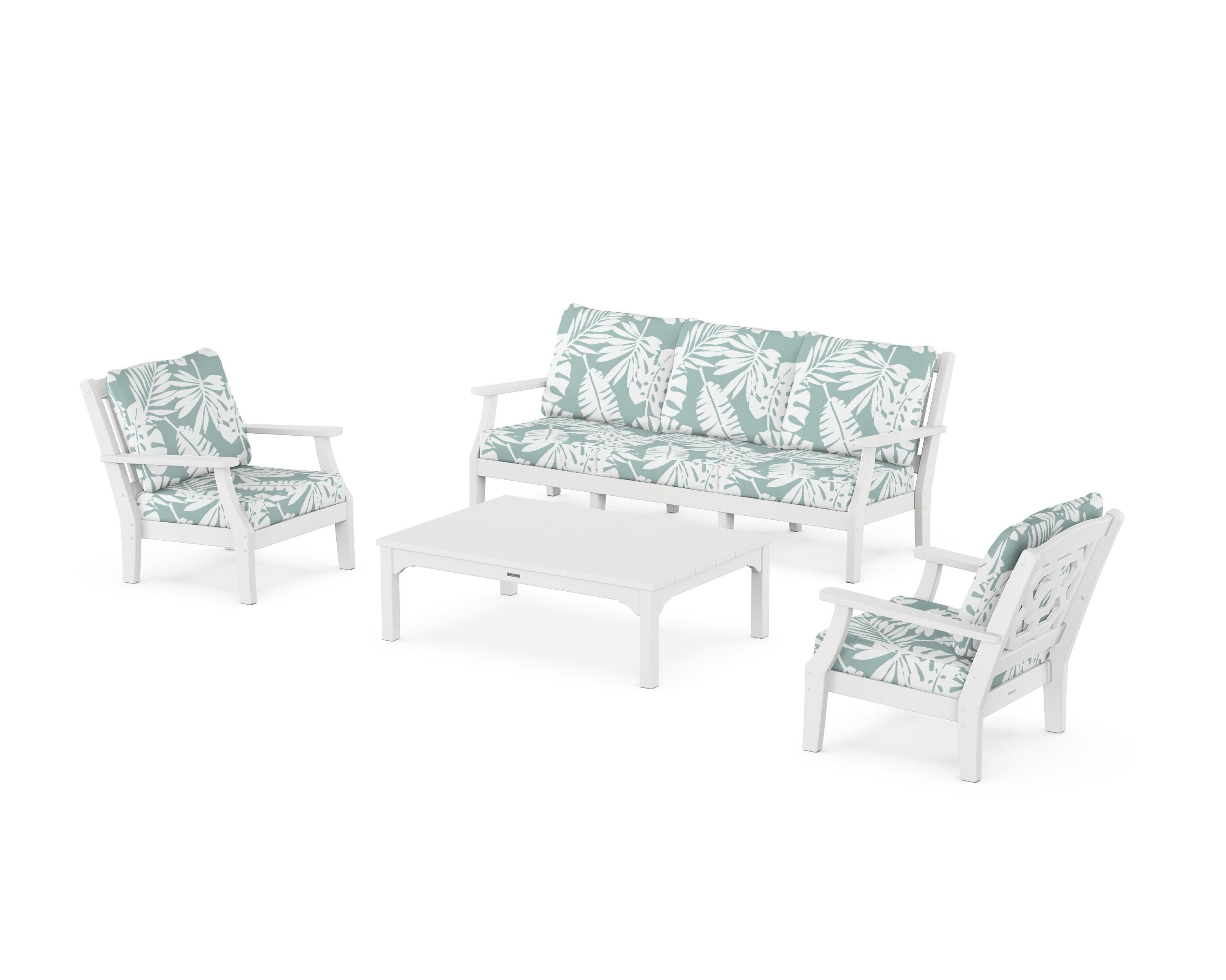 Martha Stewart by POLYWOOD Chinoiserie 4-Piece Deep Seating Set with Sofa in White / Leaf Glacier Spa