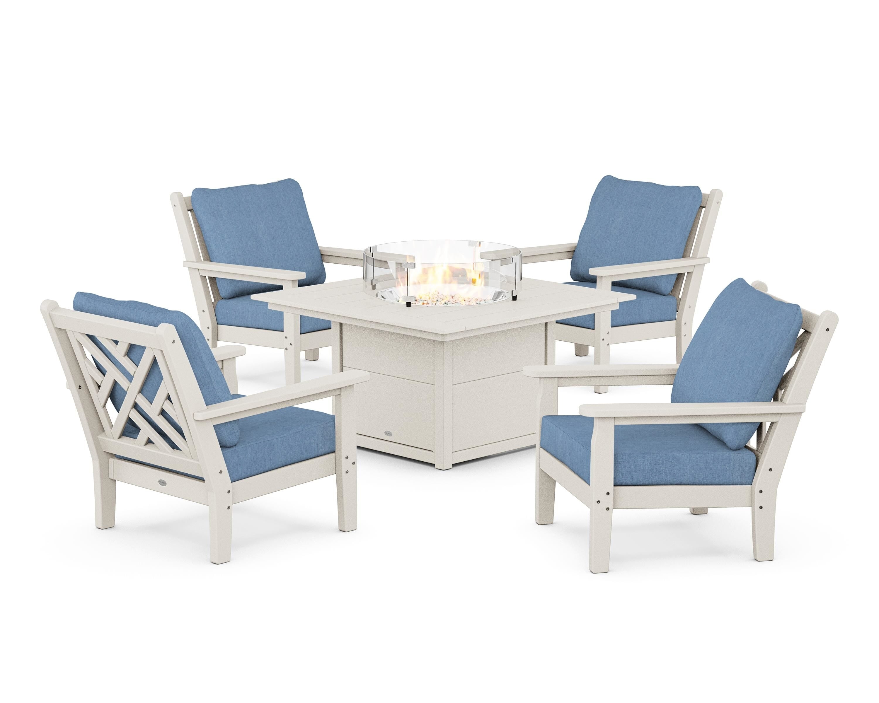 POLYWOOD Chippendale 5-Piece Deep Seating Set with Fire Pit Table in Sand / Sky Blue