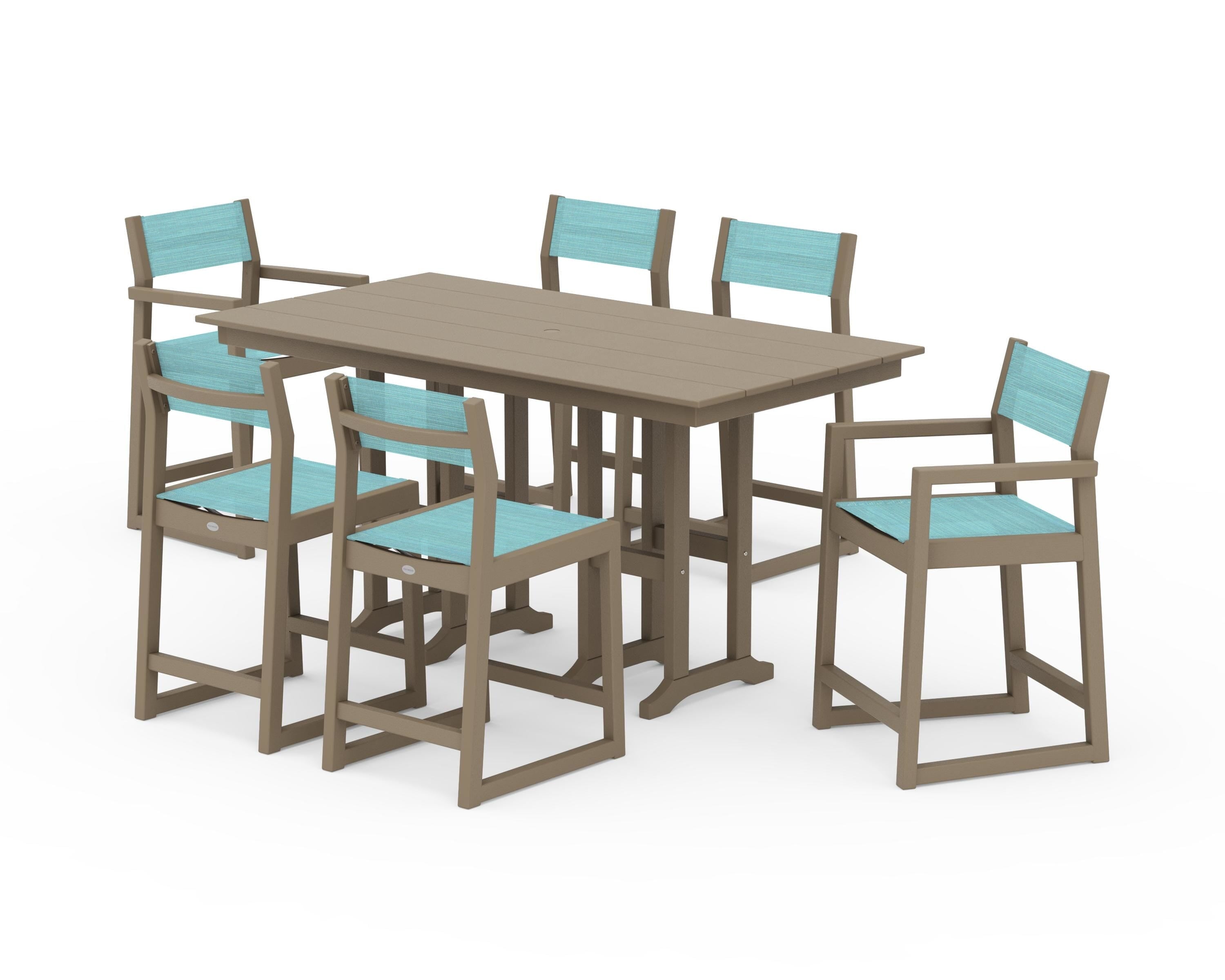 POLYWOOD EDGE Sling 7-Piece Farmhouse Counter Set in Vintage Sahara / Dupioni Aquamarine Sling