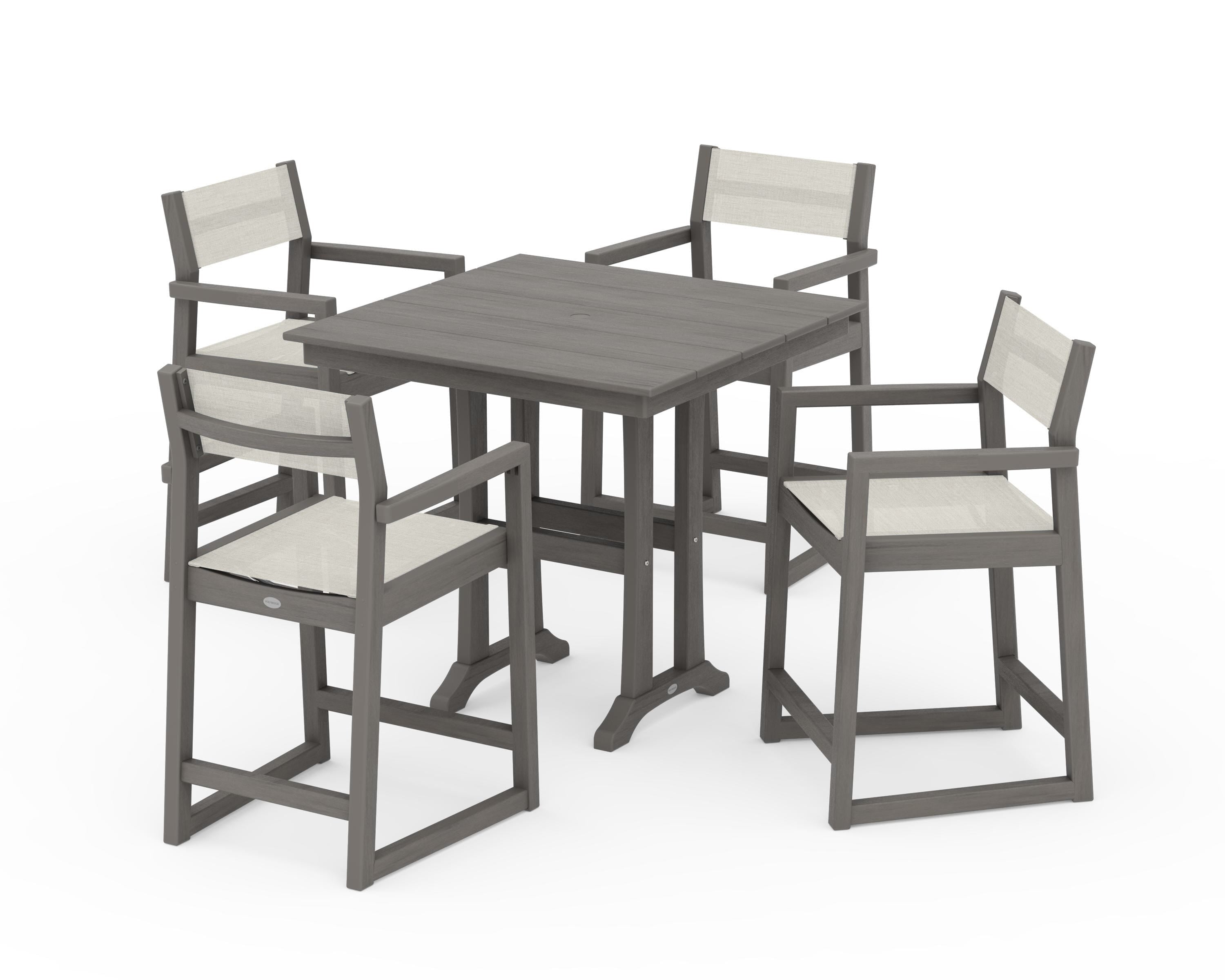 POLYWOOD EDGE Sling Arm Chair 5-Piece Farmhouse Counter Set with Trestle Legs in Driftwood / Parchment Sling