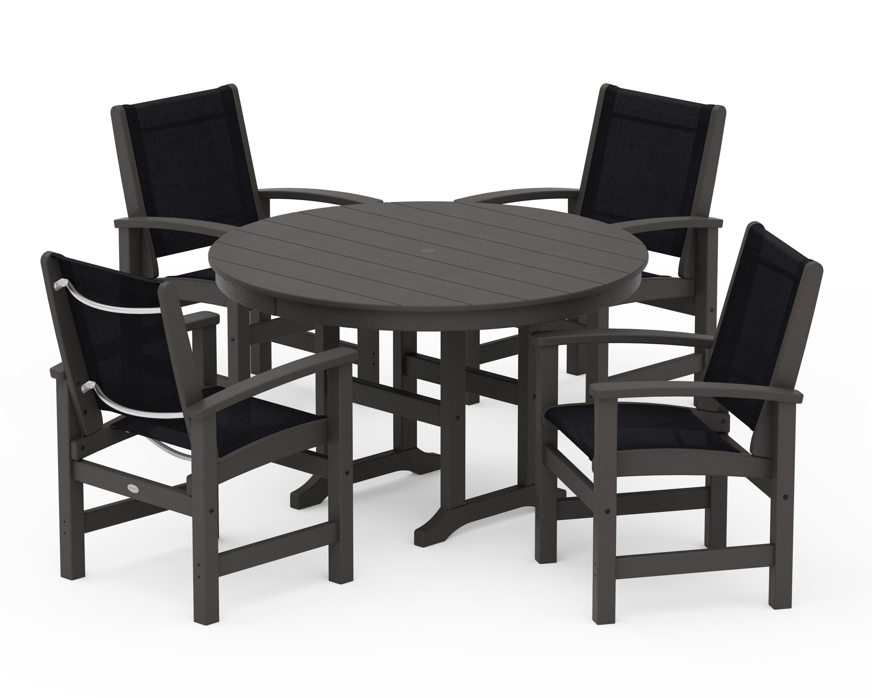 POLYWOOD Coastal 5-Piece Round Farmhouse Dining Set in Vintage Coffee / Black Sling