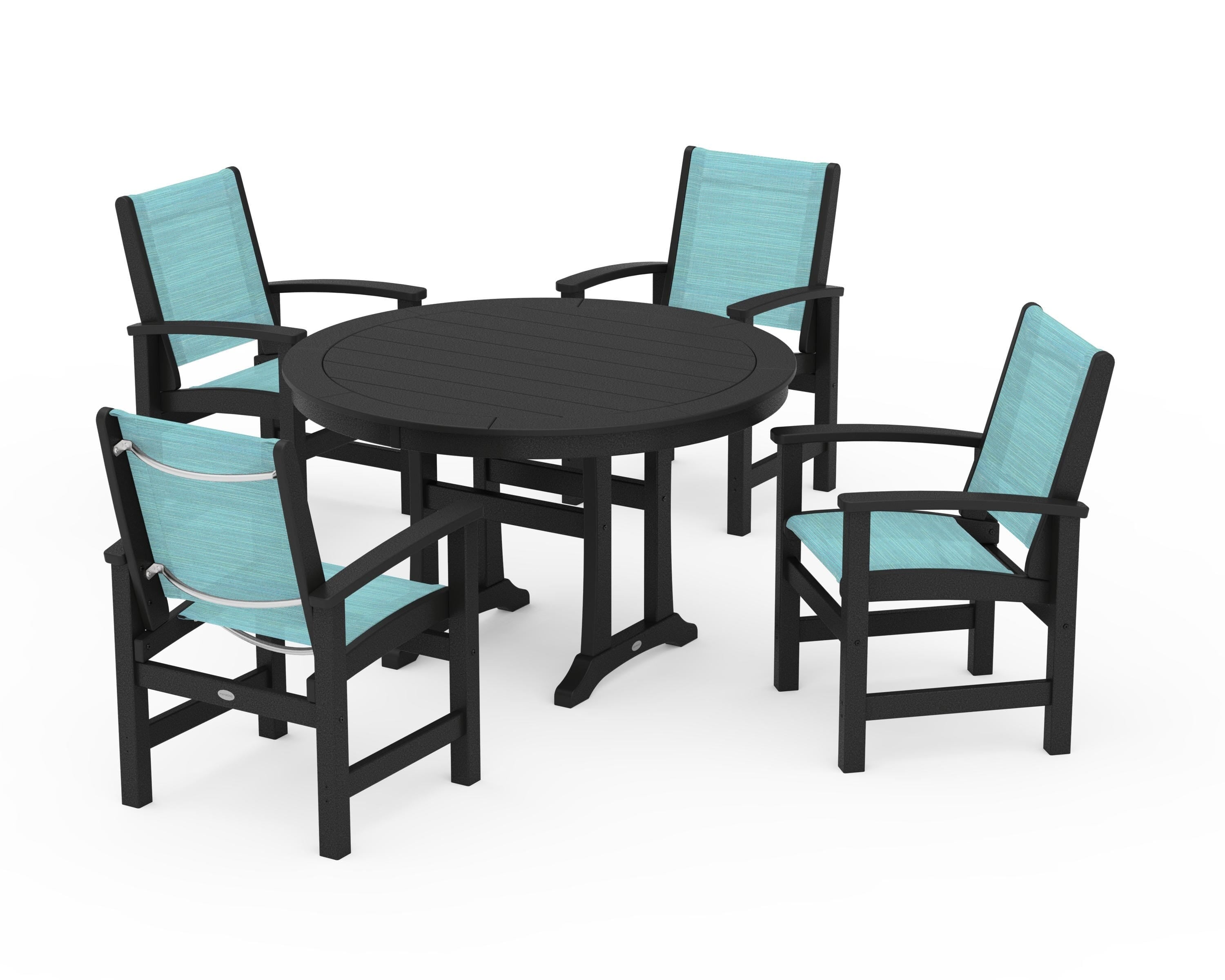 POLYWOOD Coastal 5-Piece Round Dining Set with Trestle Legs in Black / Dupioni Aquamarine Sling