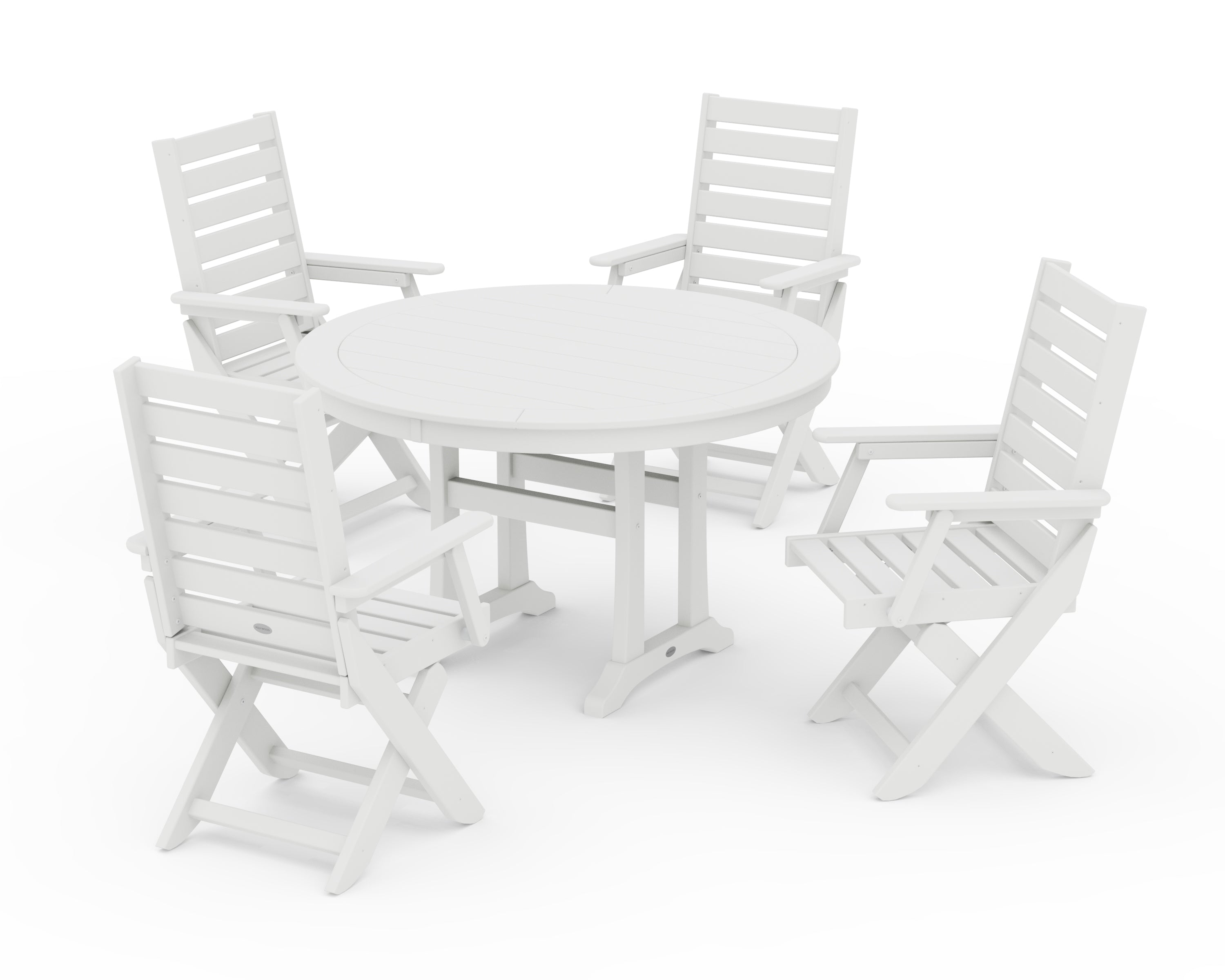 POLYWOOD Captain Folding Chair 5-Piece Round Dining Set with Trestle Legs in White