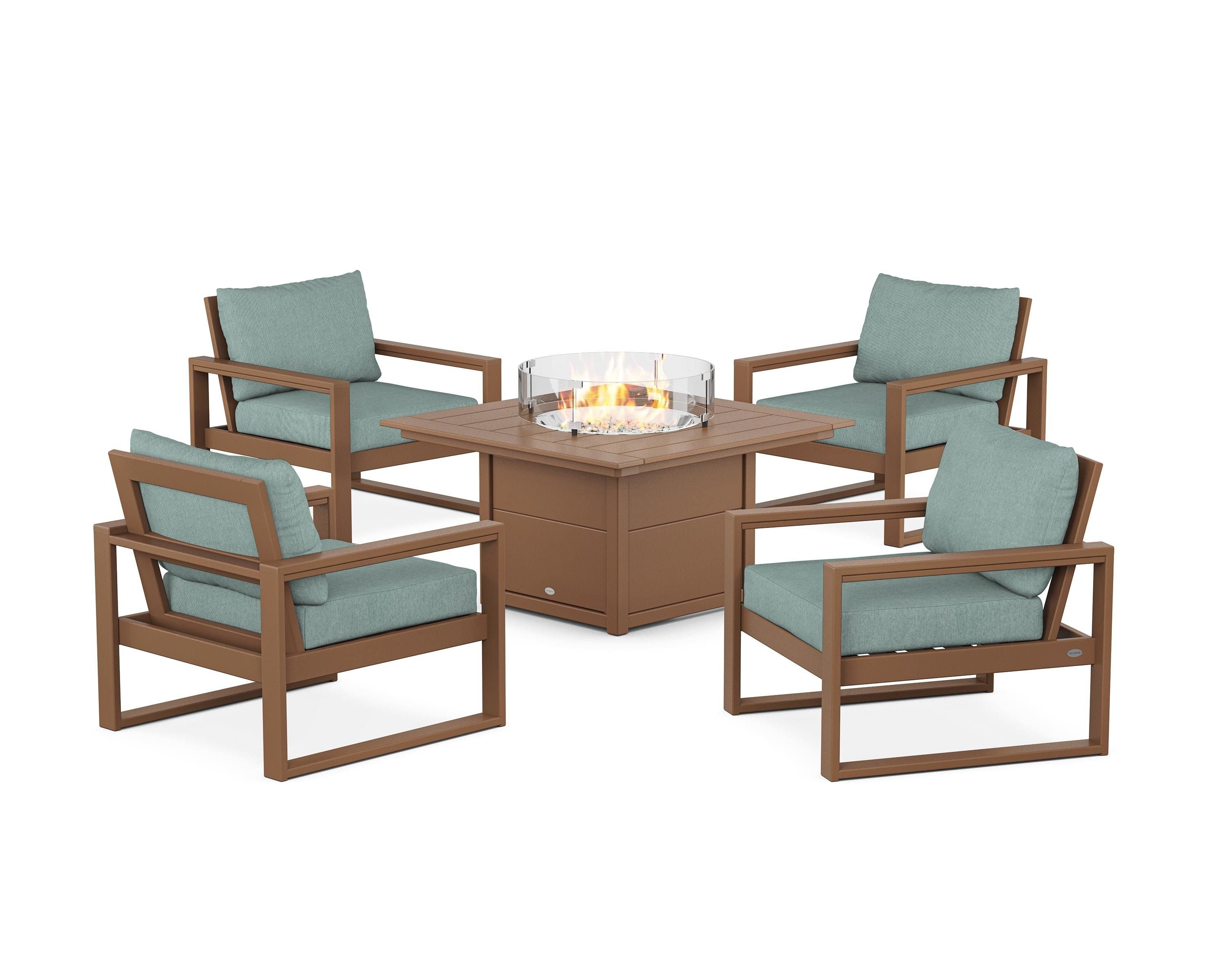 POLYWOOD EDGE Sectional 5-Piece Deep Seating Set with Fire Pit Table in Teak / Glacier Spa