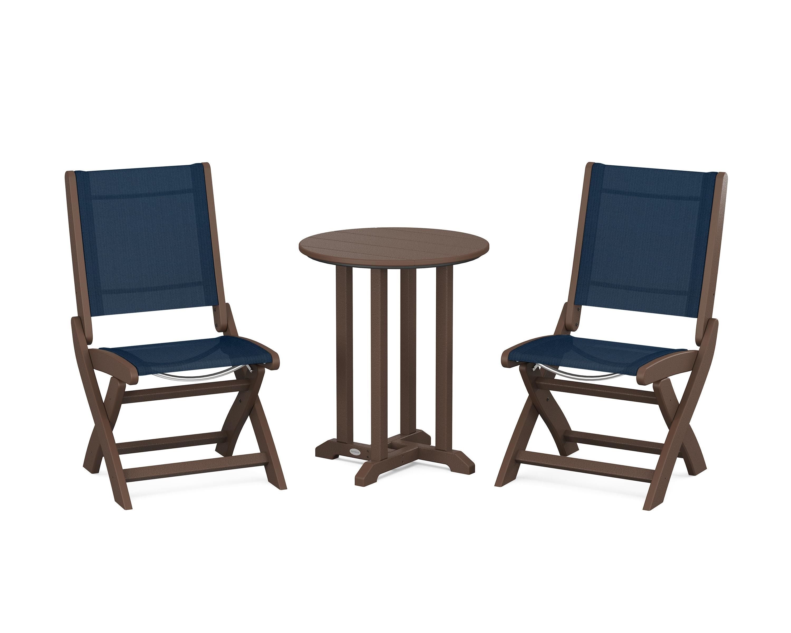 POLYWOOD Coastal Folding Side Chair 3-Piece Round Bistro Dining Set in Mahogany / Navy Blue Sling