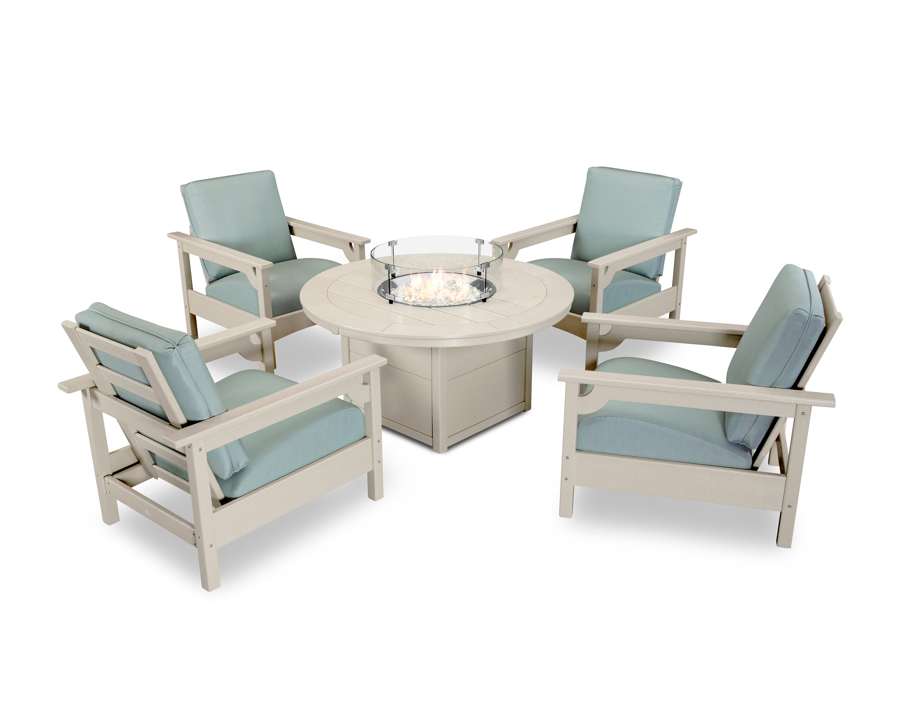 POLYWOOD Club 5-Piece Conversation Set with Fire Pit Table in Sand / Spa